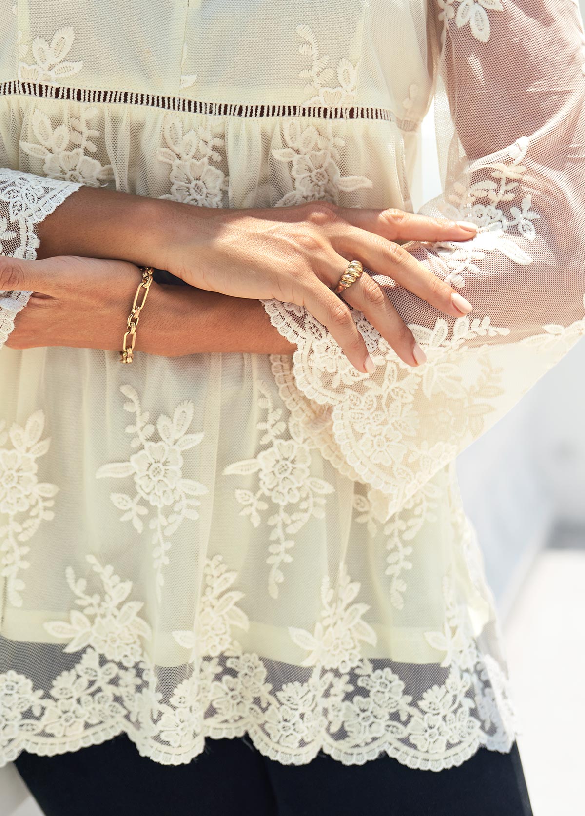 Beige tops,Plain Color tops,ROTITA Mesh Embroidered 3/4 Sleeve Beige Blouse