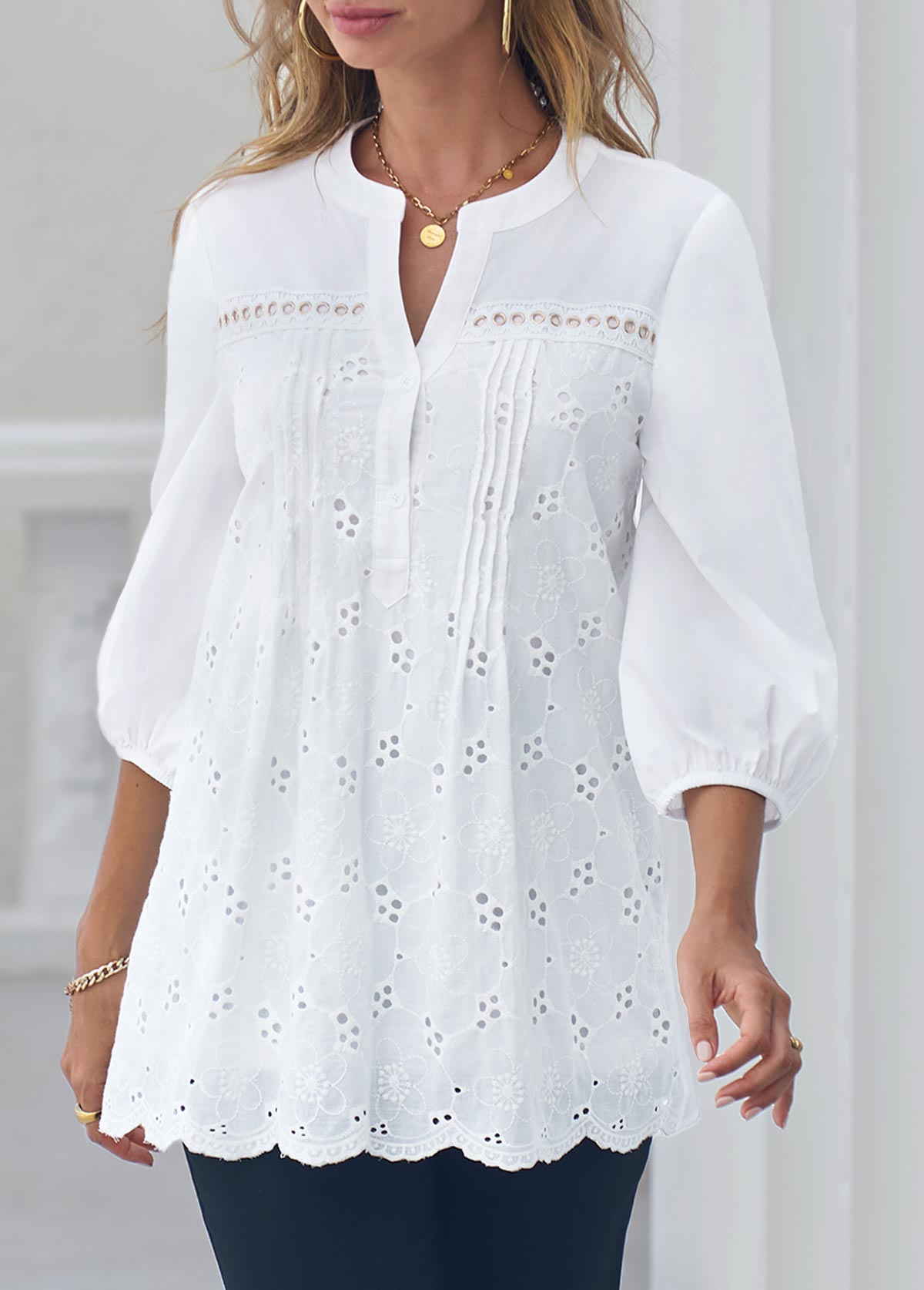 ROTITA Hollow Out Embroidered Split Neck White Blouse