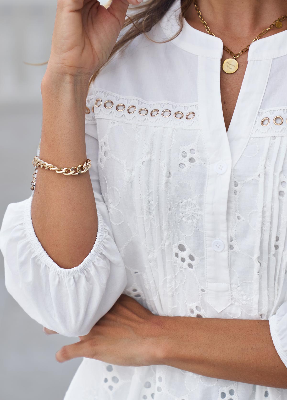 White tops,Plain Color tops,ROTITA Hollow Out Embroidered Split Neck White Blouse