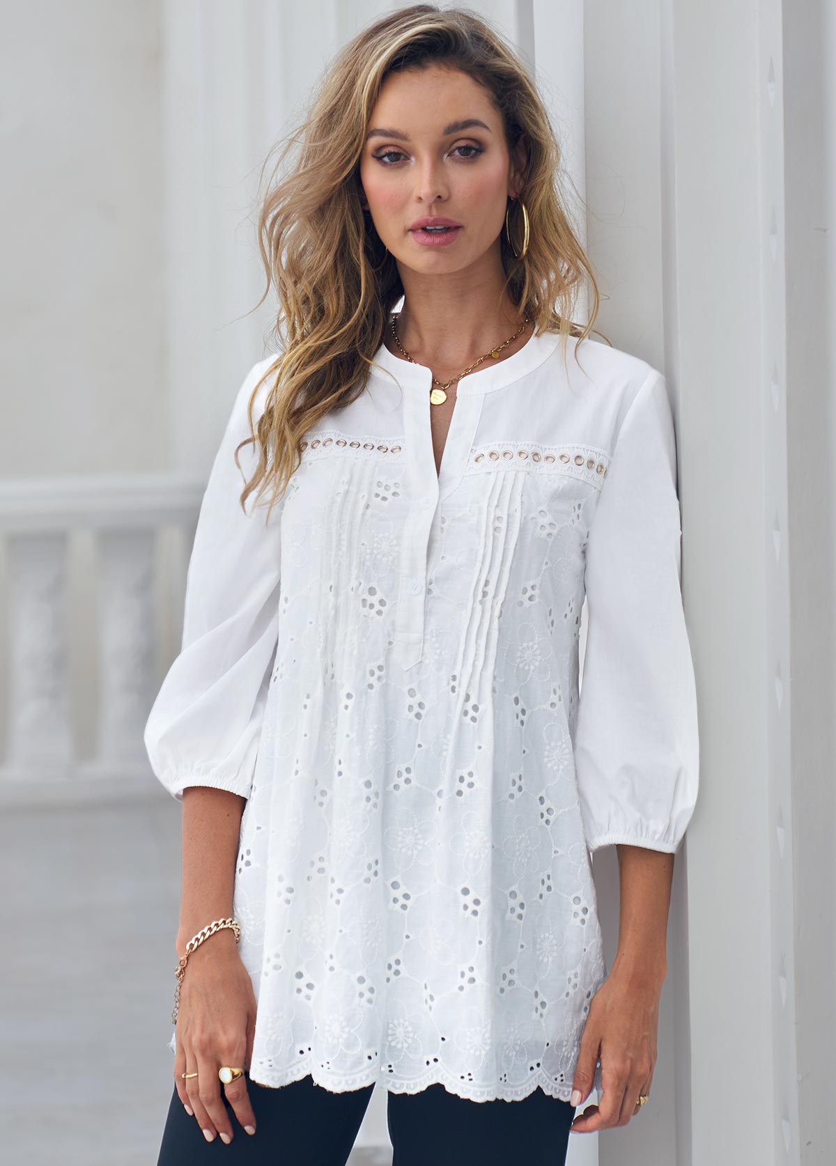 White tops,Plain Color tops,ROTITA Hollow Out Embroidered Split Neck White Blouse