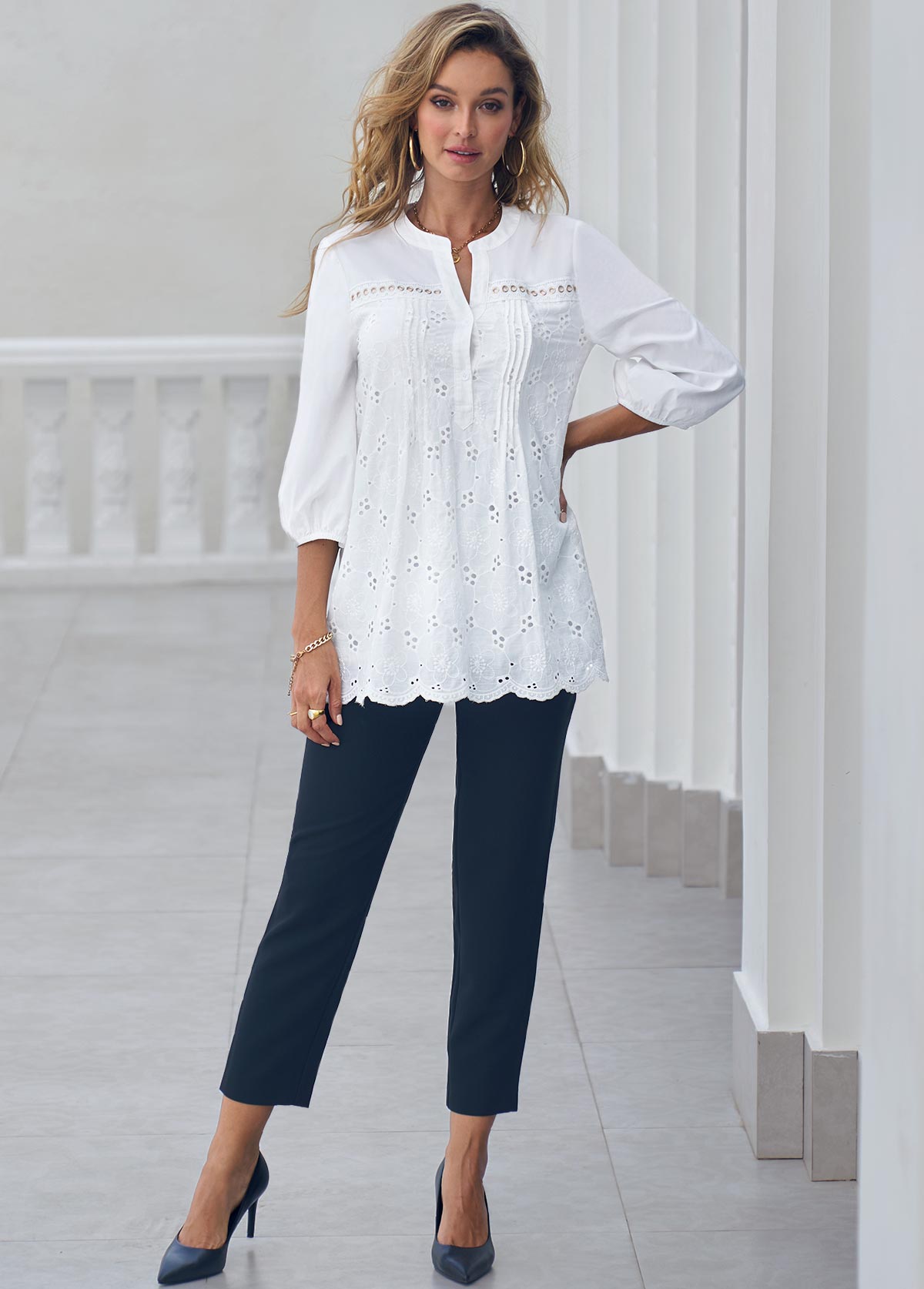 White tops,Plain Color tops,ROTITA Hollow Out Embroidered Split Neck White Blouse