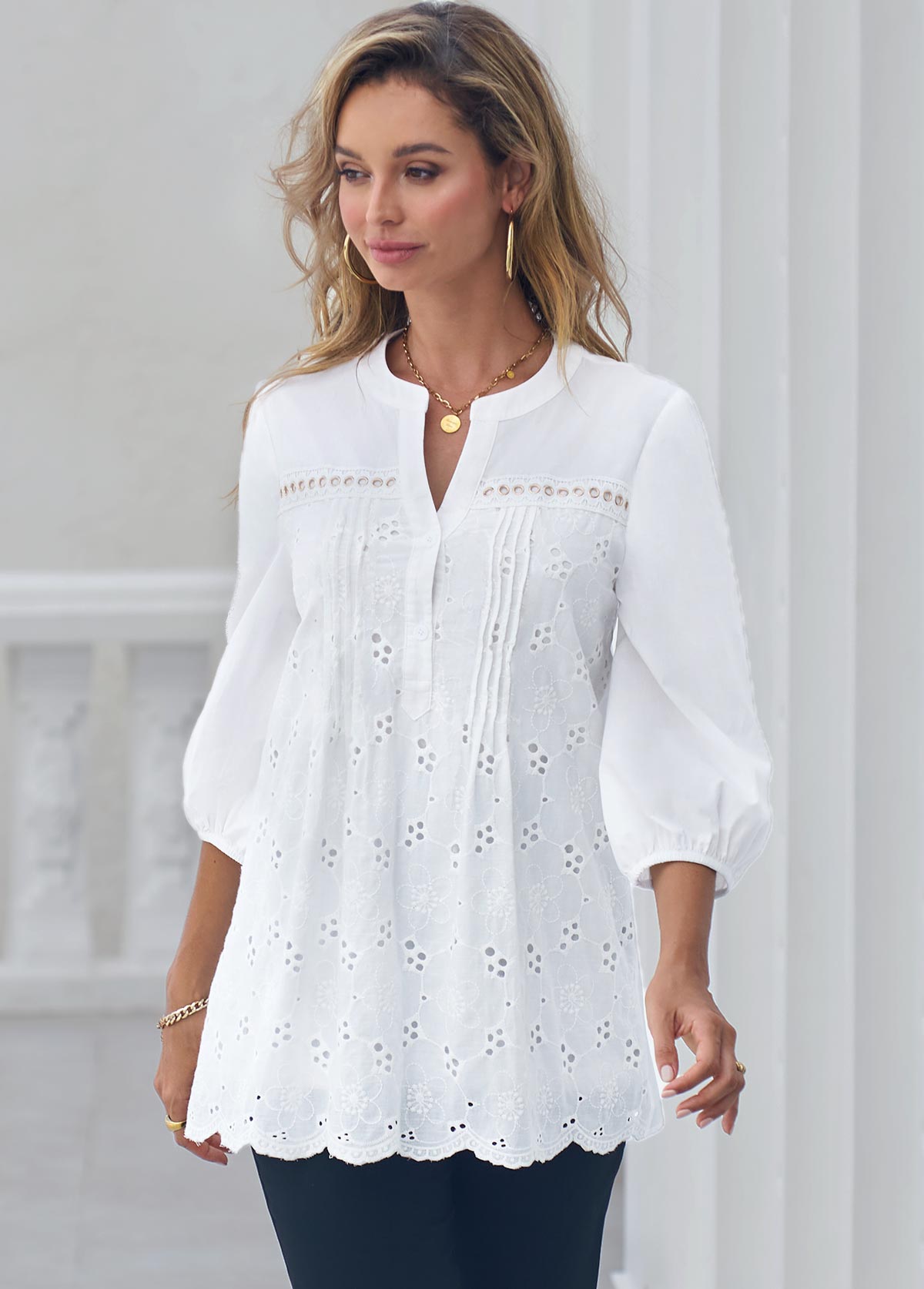 White tops,Plain Color tops,ROTITA Hollow Out Embroidered Split Neck White Blouse