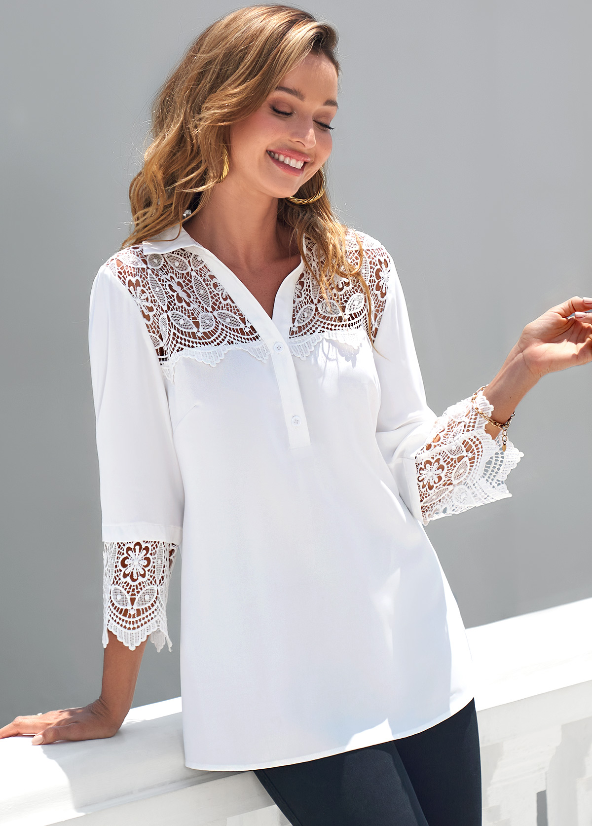 White tops,Plain Color tops,ROTITA White Lace Patchwork Turndown Collar 3/4 Sleeve Blouse