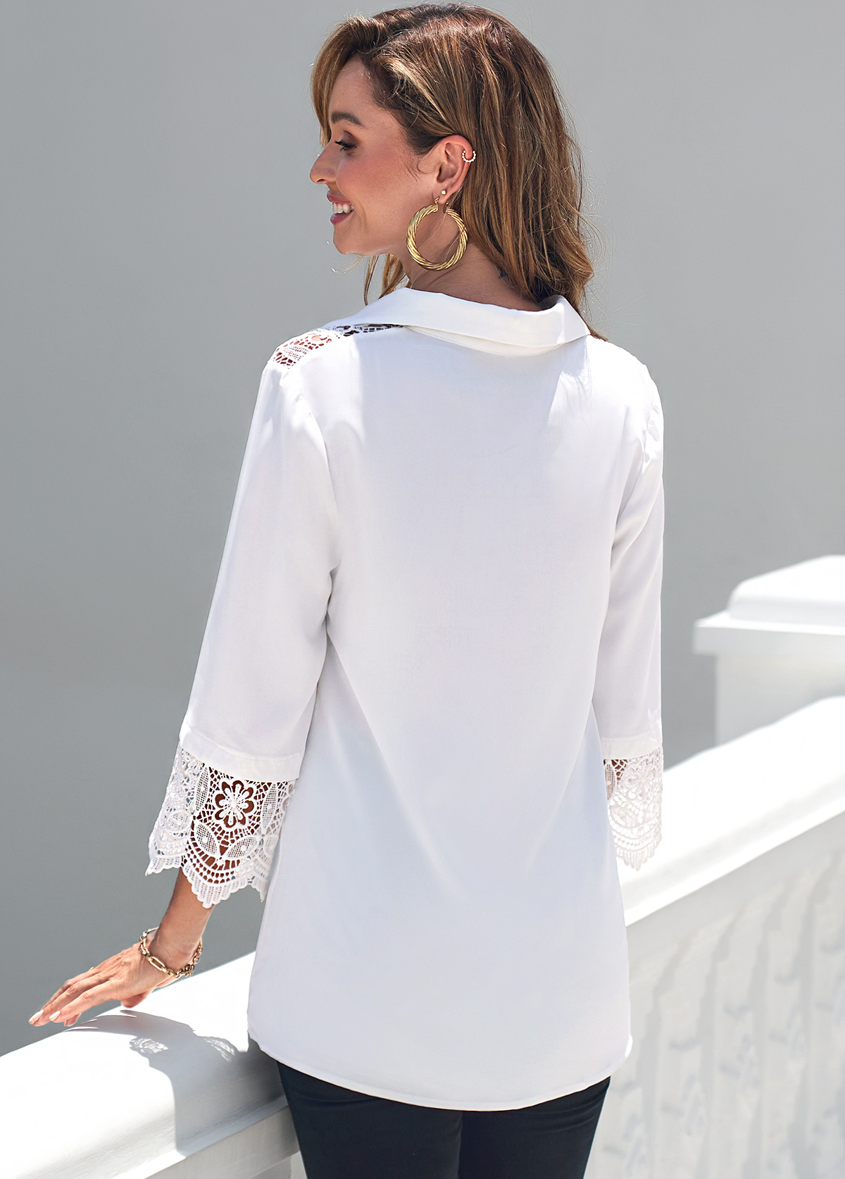 White tops,Plain Color tops,ROTITA White Lace Patchwork Turndown Collar 3/4 Sleeve Blouse