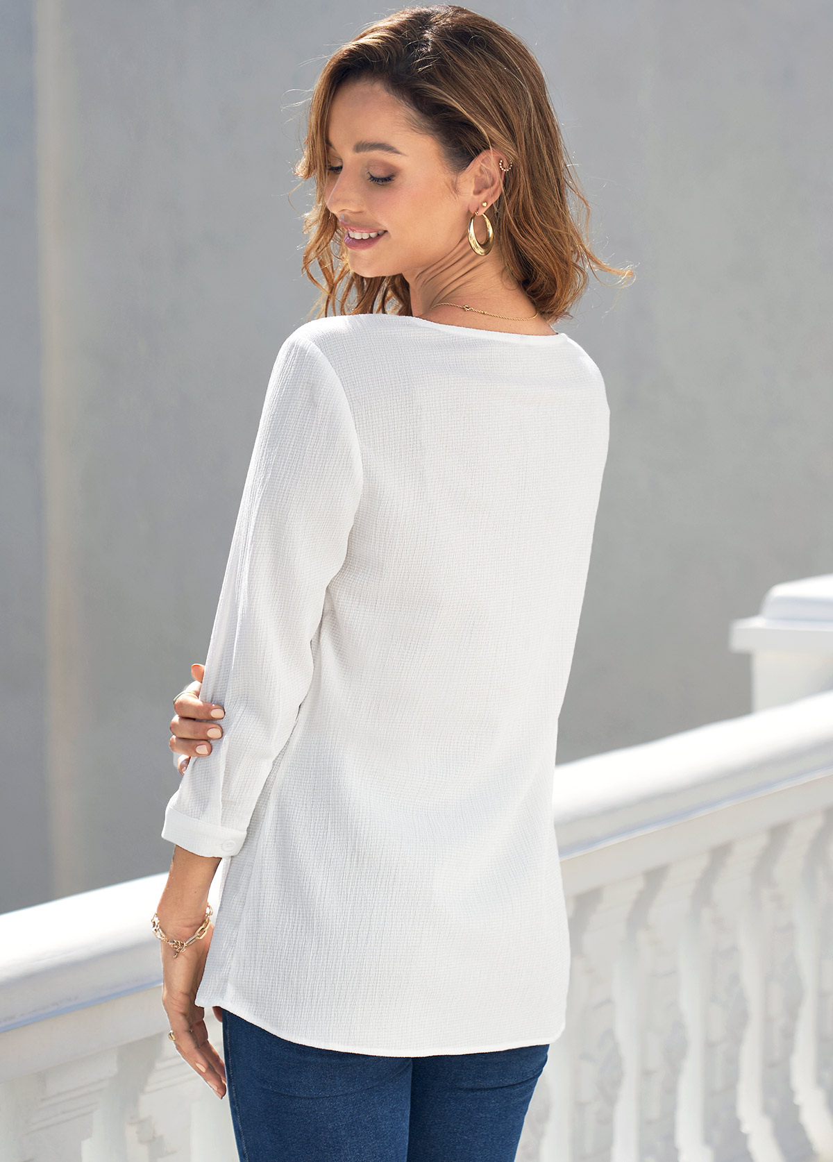 White tops,Contrast Color tops,ROTITA Lace Stitching 3/4 Sleeve White Blouse