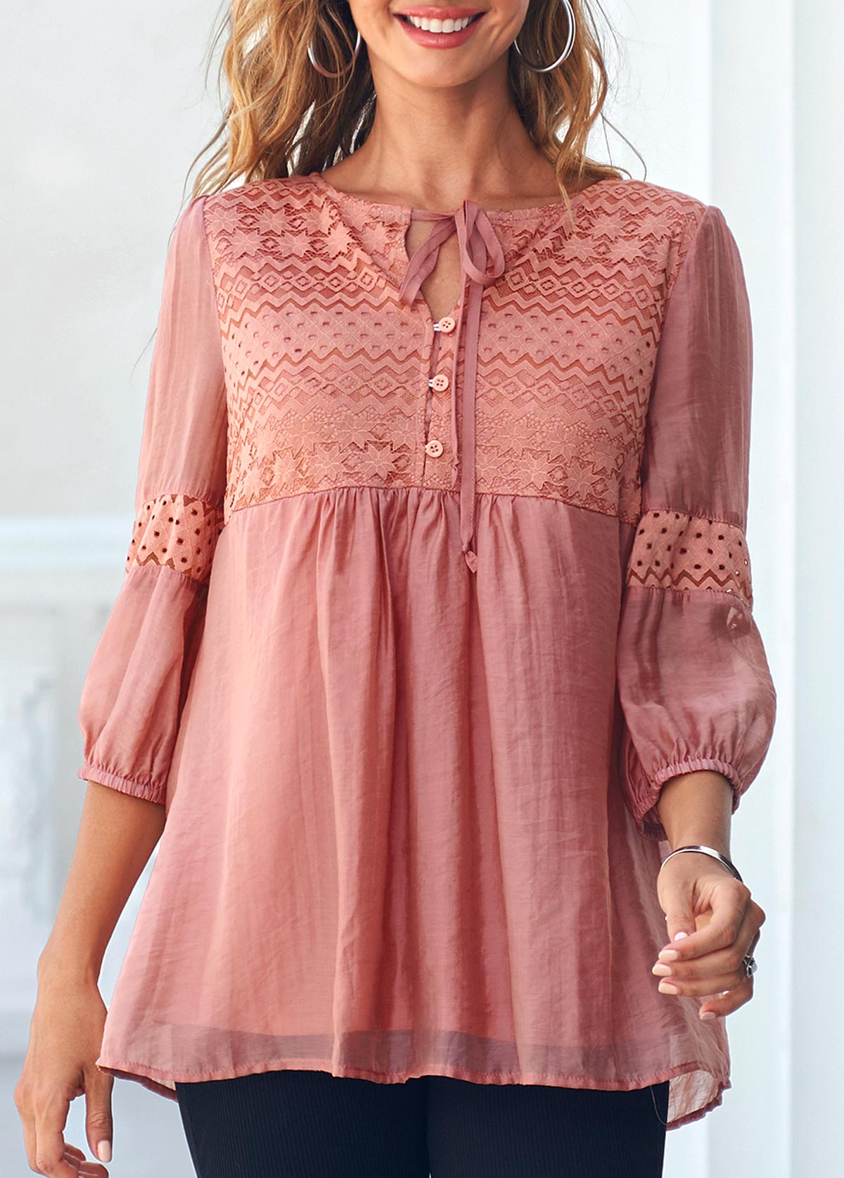 Orange tops,Plain Color tops,ROTITA Tie Front Lace Stitching Coral Orange Blouse