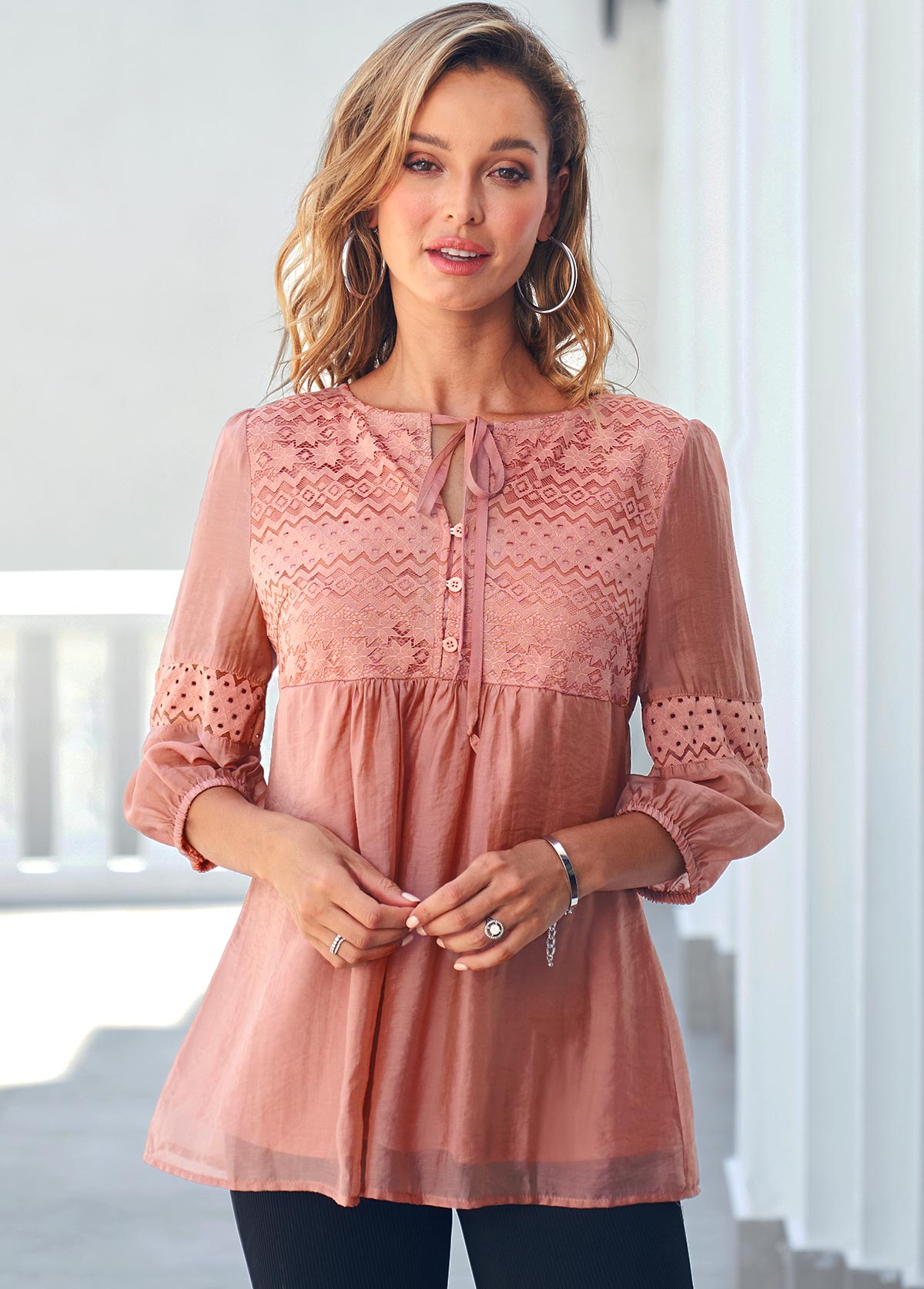 Orange tops,Plain Color tops,ROTITA Tie Front Lace Stitching Coral Orange Blouse