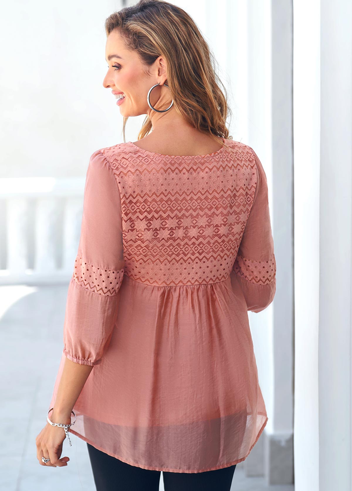 Orange tops,Plain Color tops,ROTITA Tie Front Lace Stitching Coral Orange Blouse