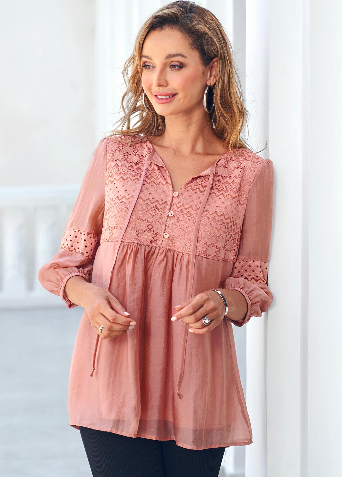 Orange tops,Plain Color tops,ROTITA Tie Front Lace Stitching Coral Orange Blouse