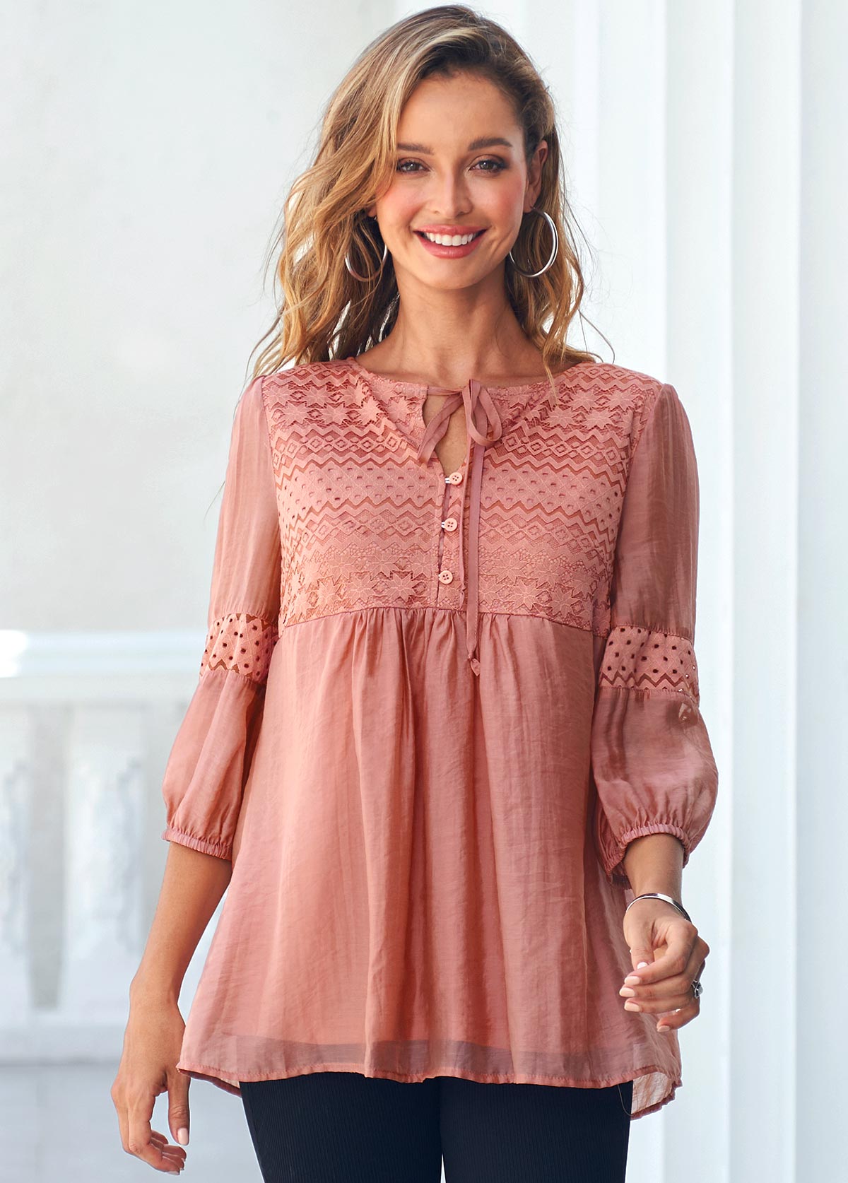 Orange tops,Plain Color tops,ROTITA Tie Front Lace Stitching Coral Orange Blouse