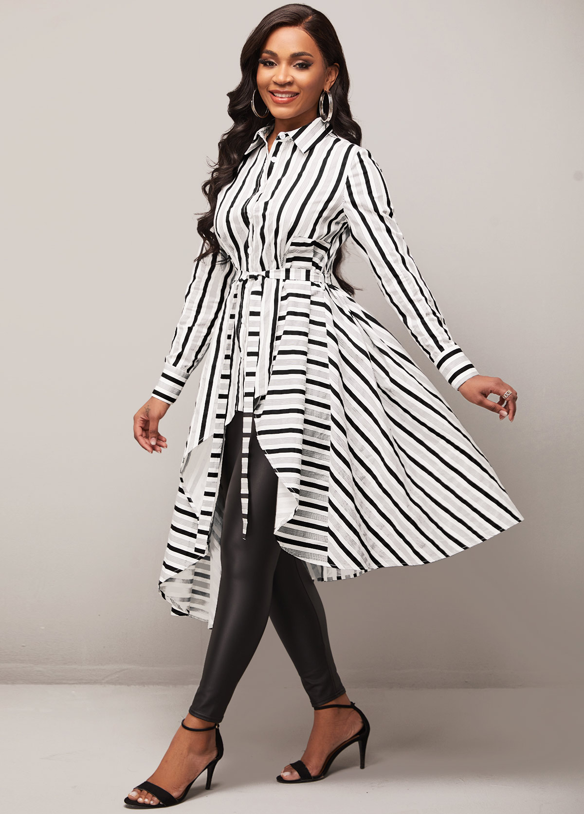 Multi Color tops,Striped tops,ROTITA Striped Asymmetric Hem Color Block Belted Blouse