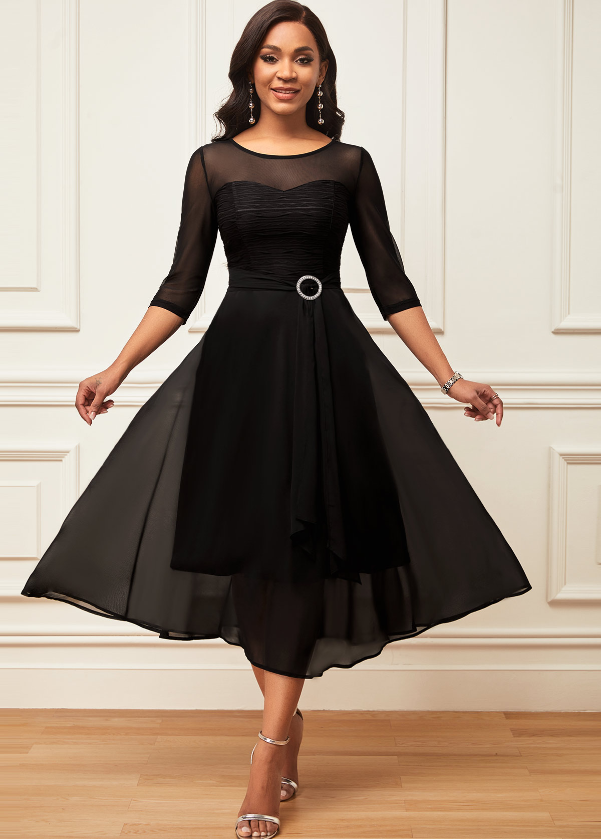 ROTITA Chiffon Layered Hem 3/4 Sleeve Black Dress