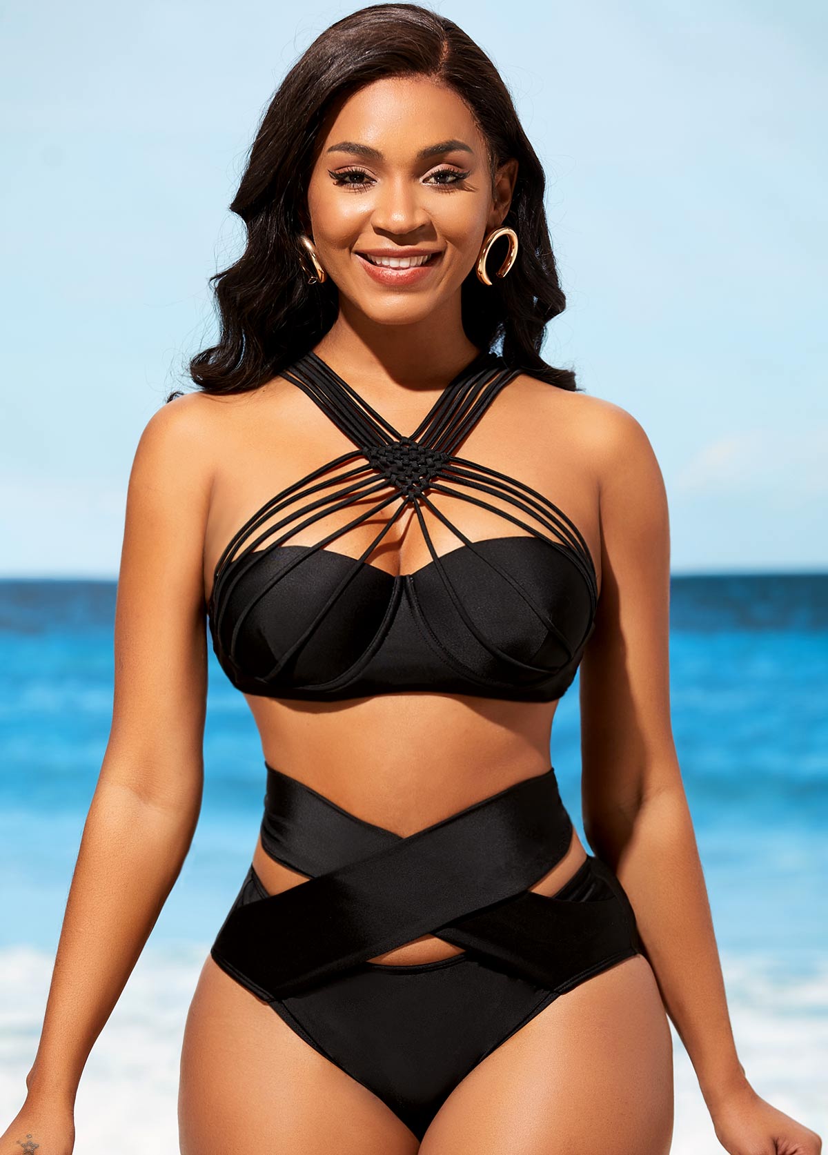 Black swimwear,Plain Color swimwear,ROTITA Black Cross Front High Waist Knitted Bikini Set