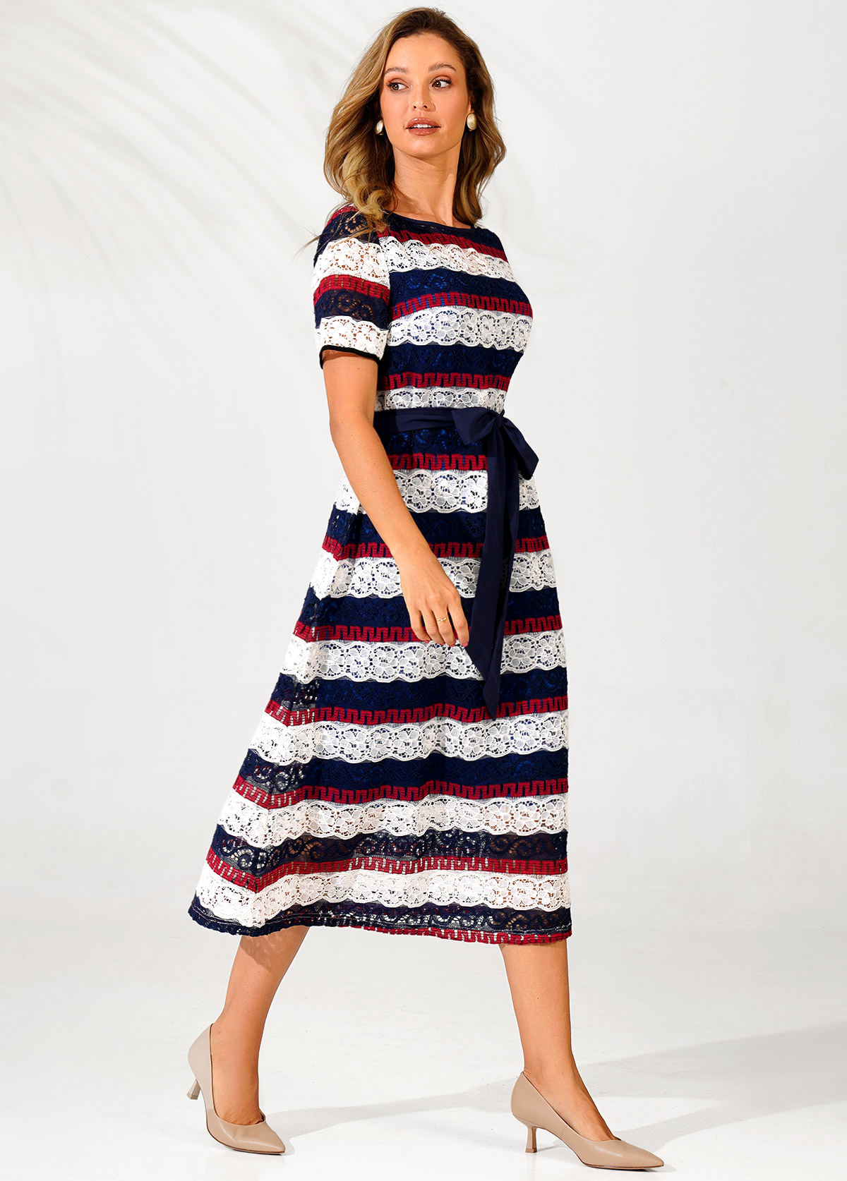 Multi Color dresses,Striped dresses,ROTITA Striped Lace Panel Color Block Belted Dress