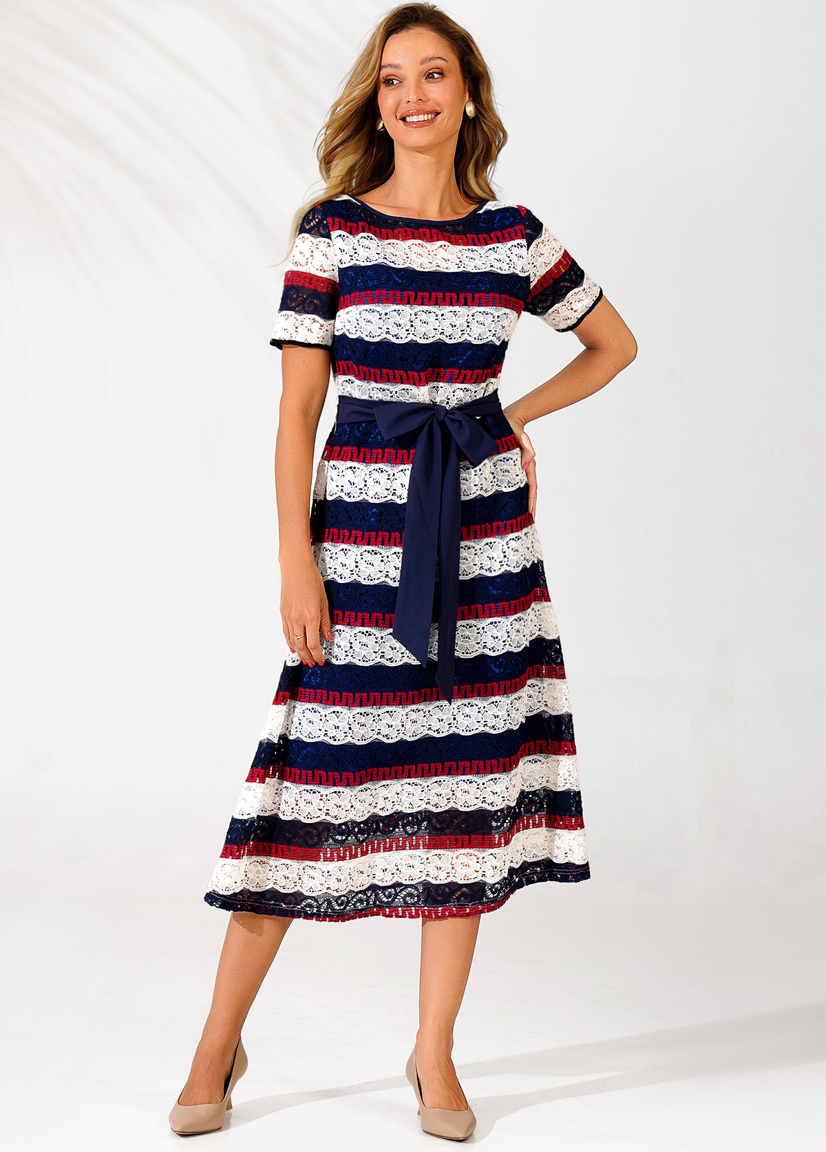 Multi Color dresses,Striped dresses,ROTITA Striped Lace Panel Color Block Belted Dress