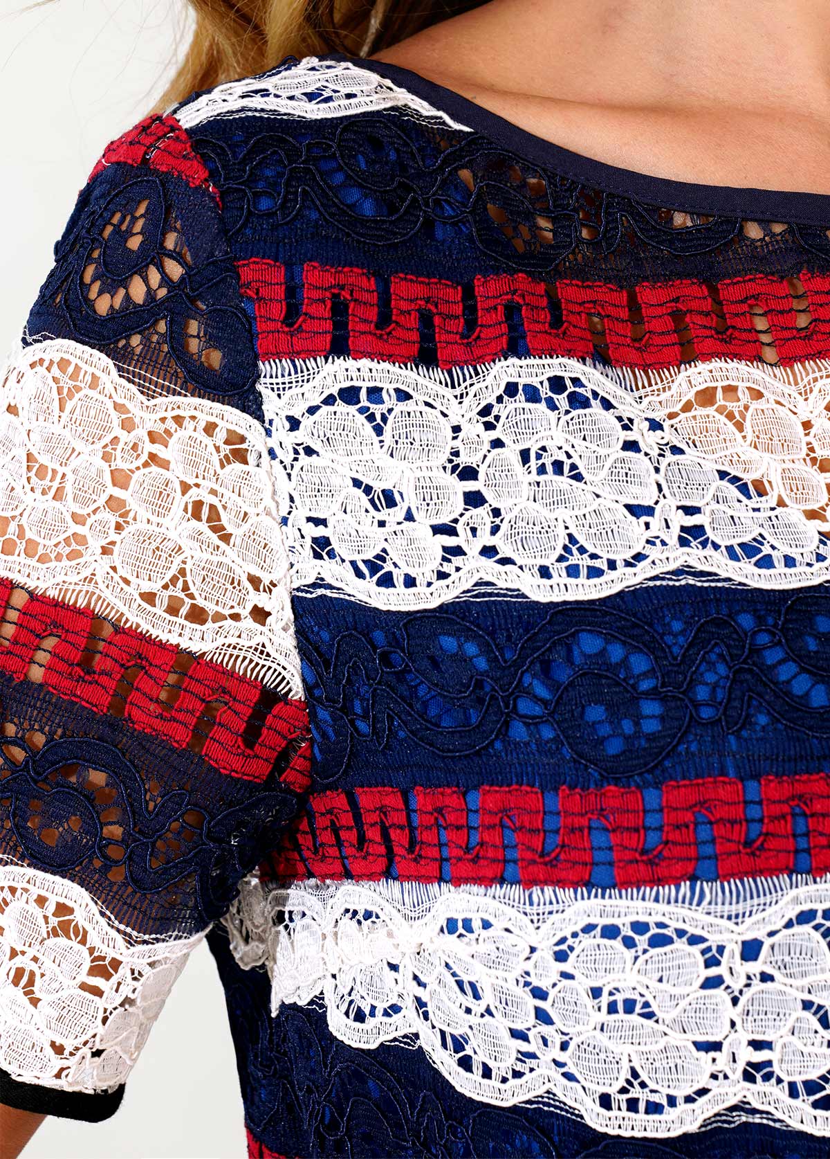 Multi Color dresses,Striped dresses,ROTITA Striped Lace Panel Color Block Belted Dress