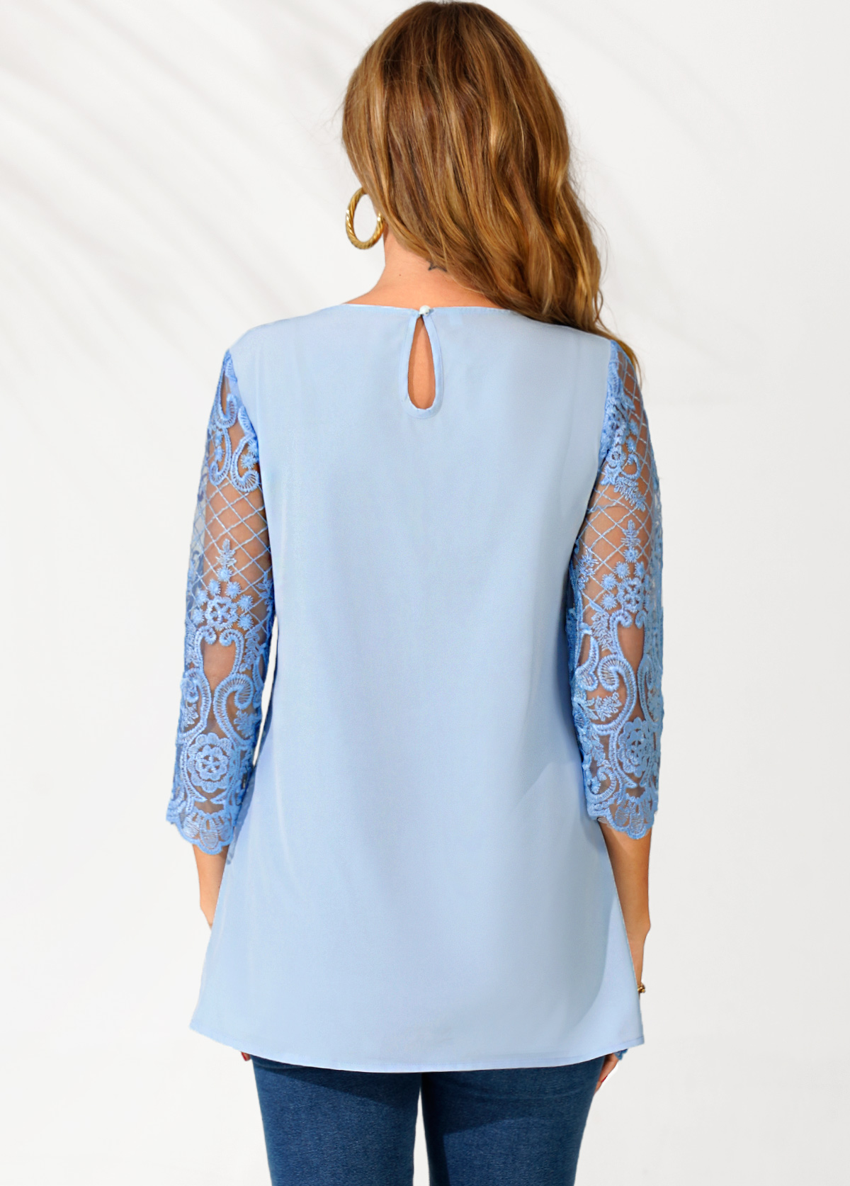 Light Blue tops,Plain Color tops,ROTITA Lace Stitching Light Blue Split Neck Blouse