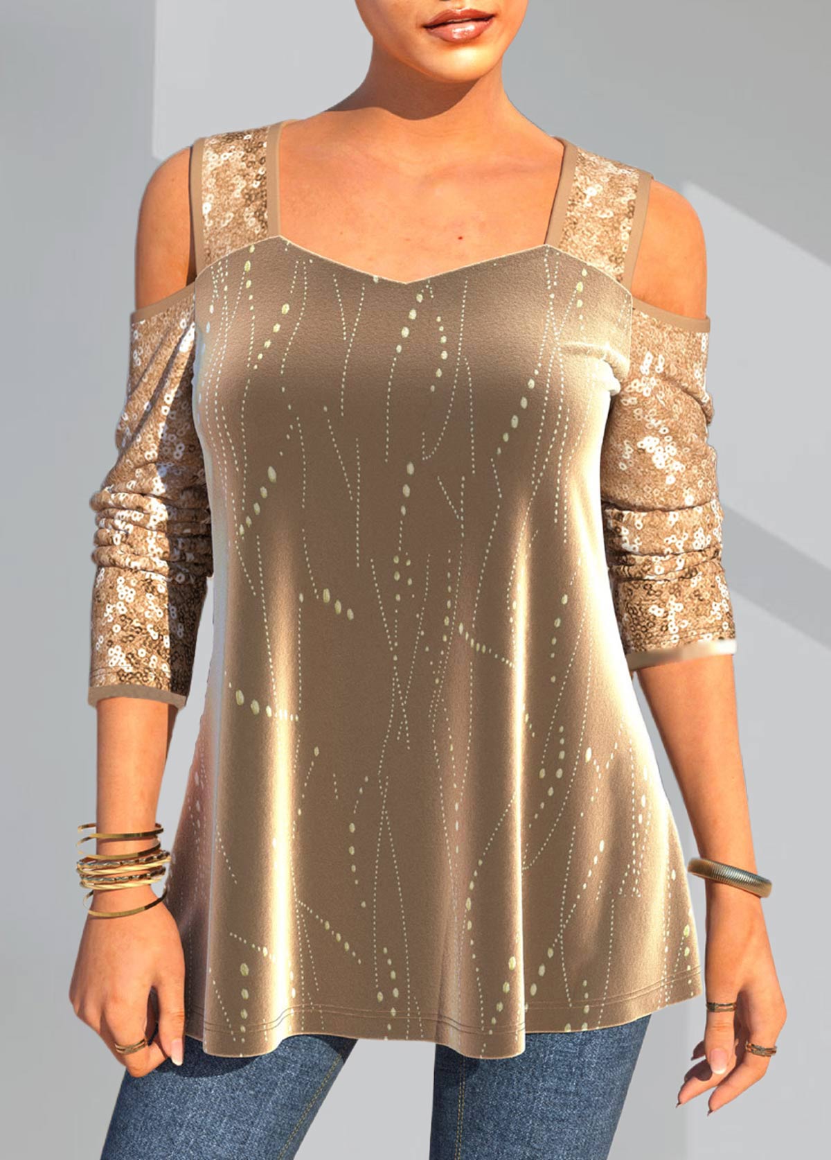 ROTITA Christmas Design Sequin Gold Cold Shoulder T Shirt