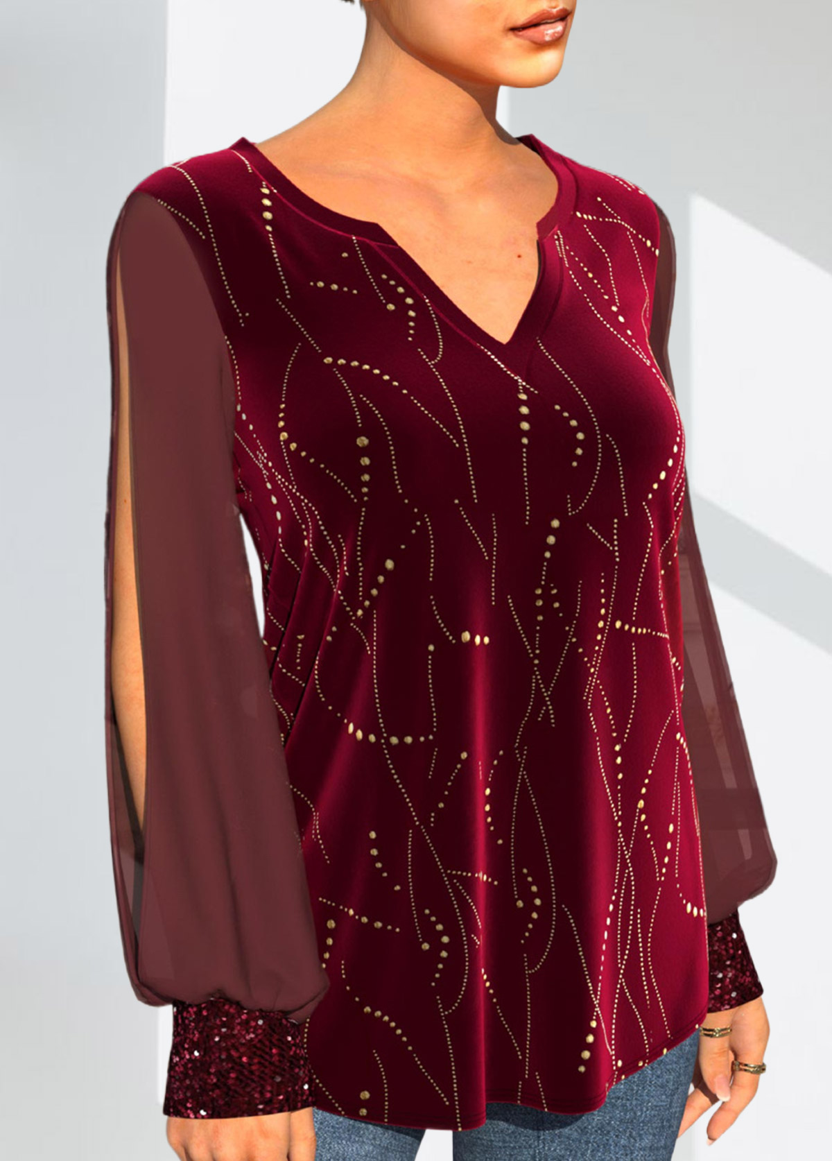 Wine Red tops,Plain Color tops,ROTITA Wine Red Christmas Design Velvet Stitching T Shirt