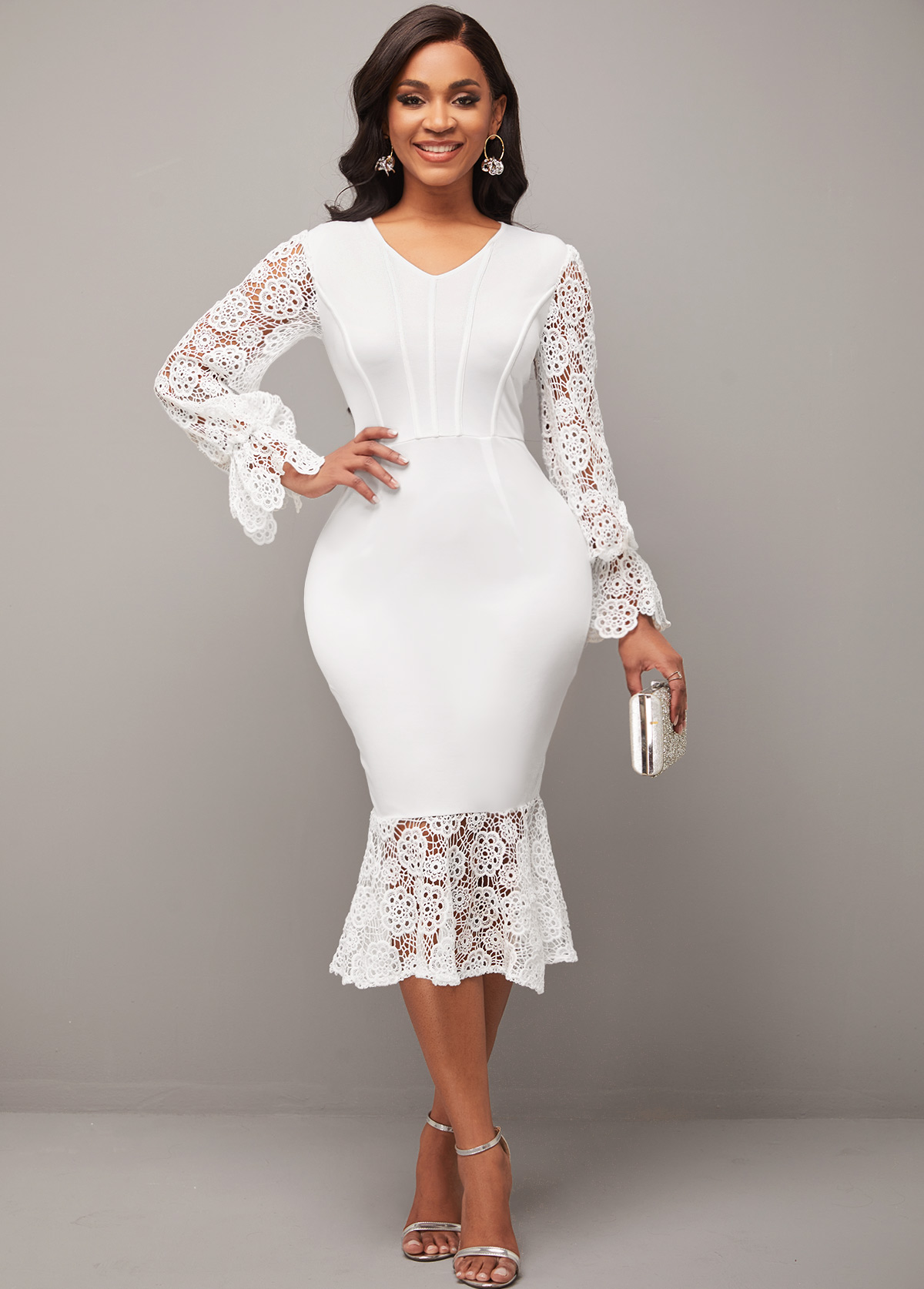 ROTITA White Lace Stitching V Neck Mermaid Dress