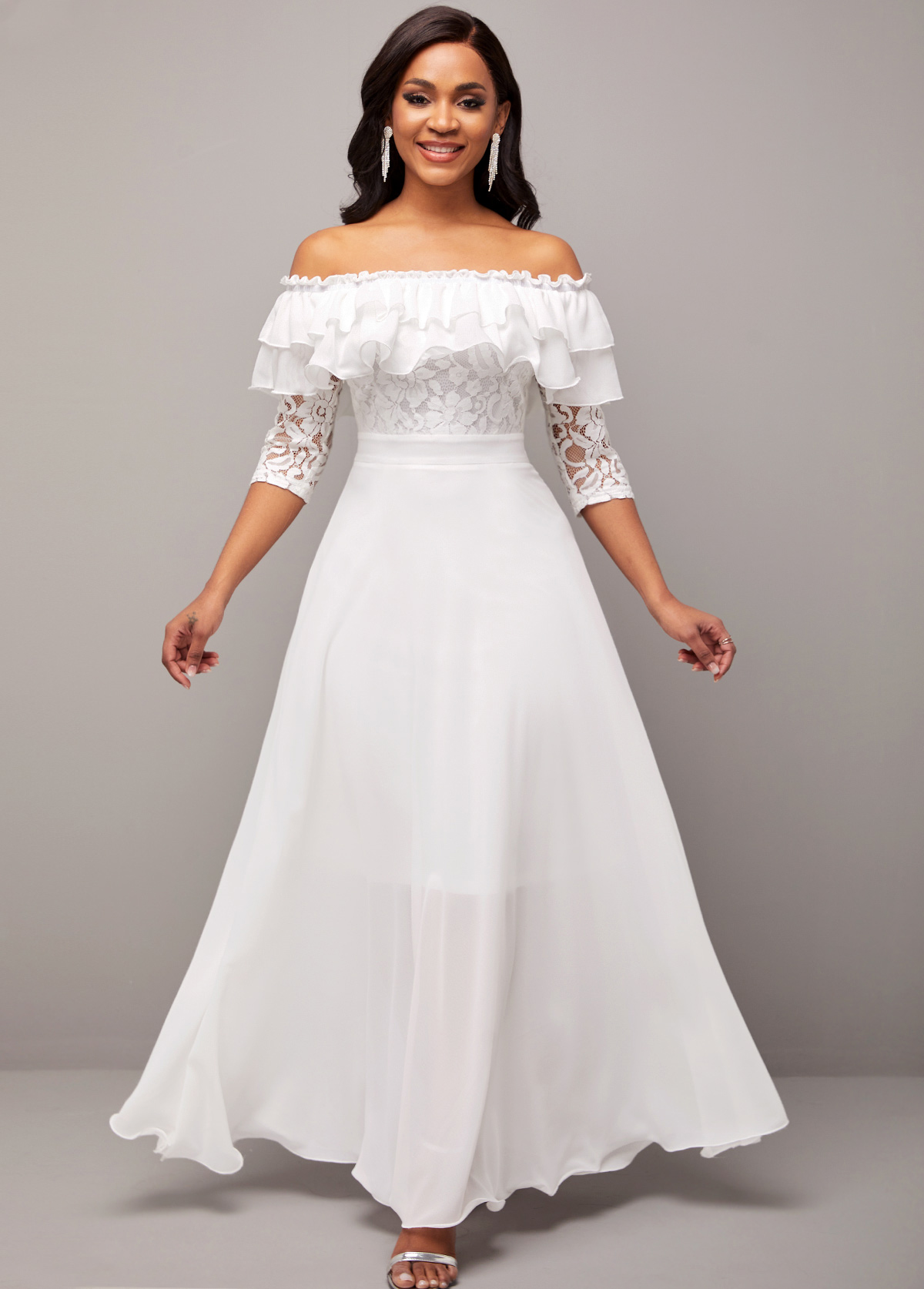 ROTITA Lace Stitching Flounce Off Shoulder White Dress