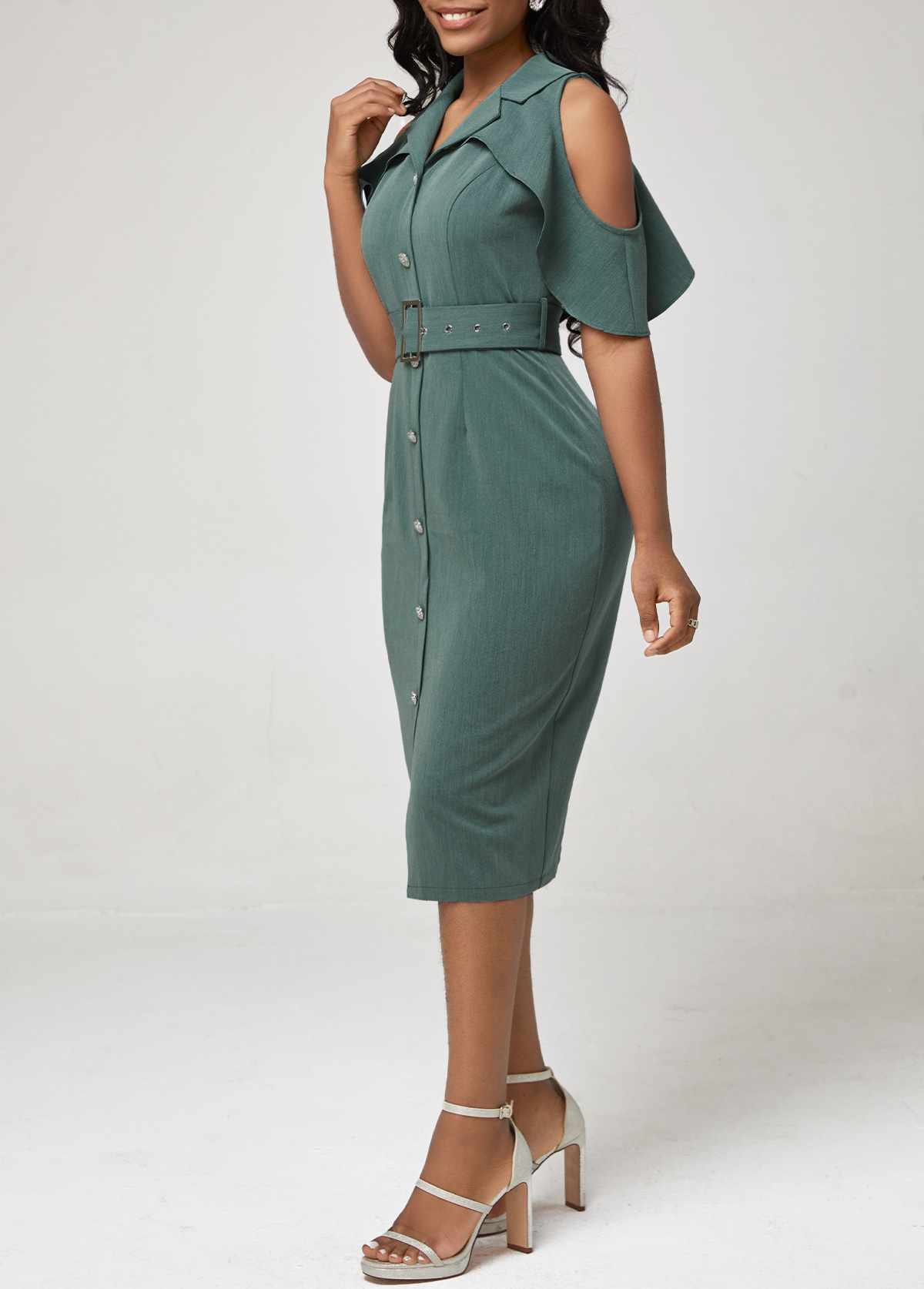 Blackish Green dresses,Plain Color dresses,ROTITA Blackish Green Flounce Cold Shoulder Dress