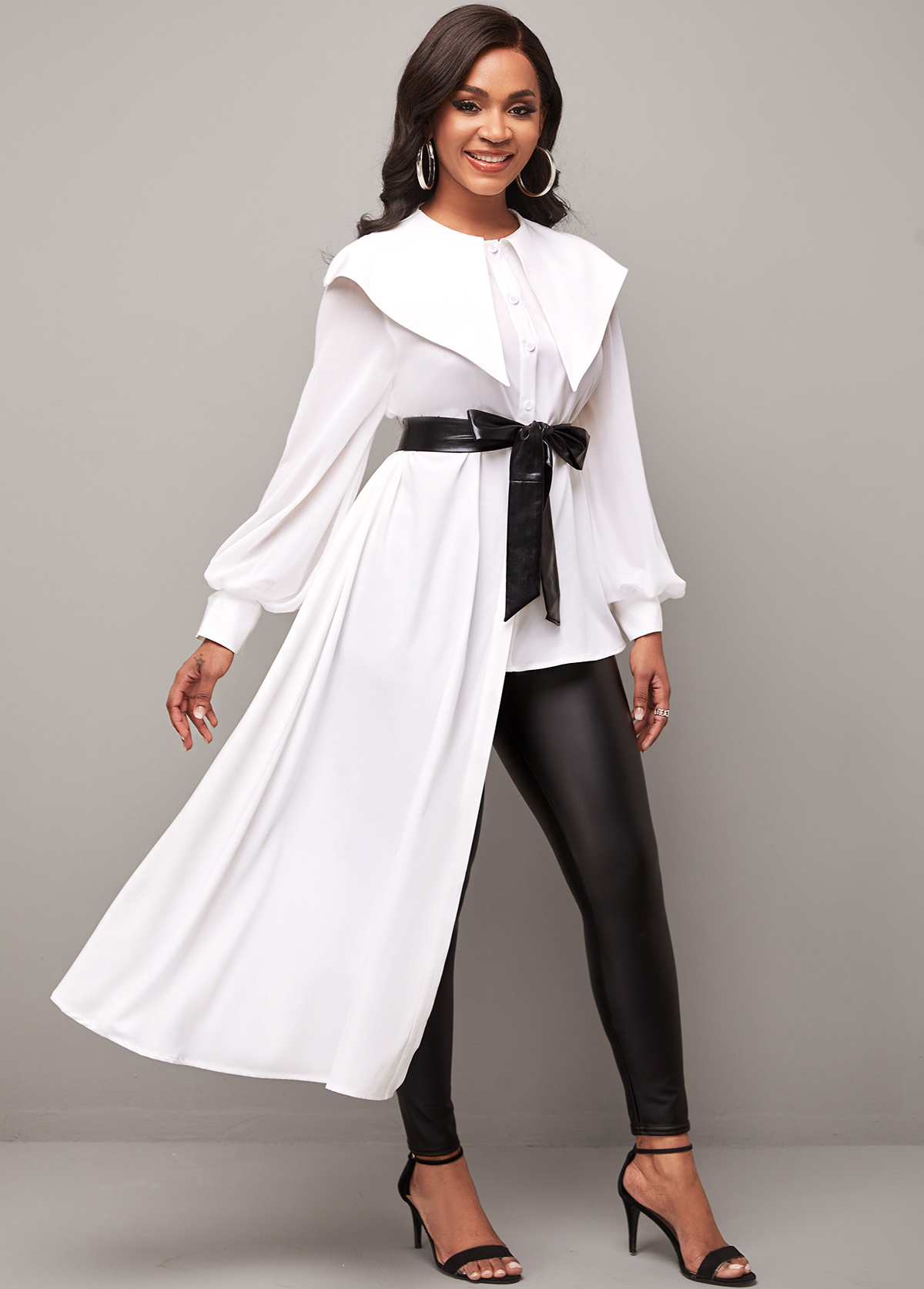 White tops,Plain Color tops,ROTITA Asymmetric Hem White Chiffon Panel Peter Pan Collar Blouse