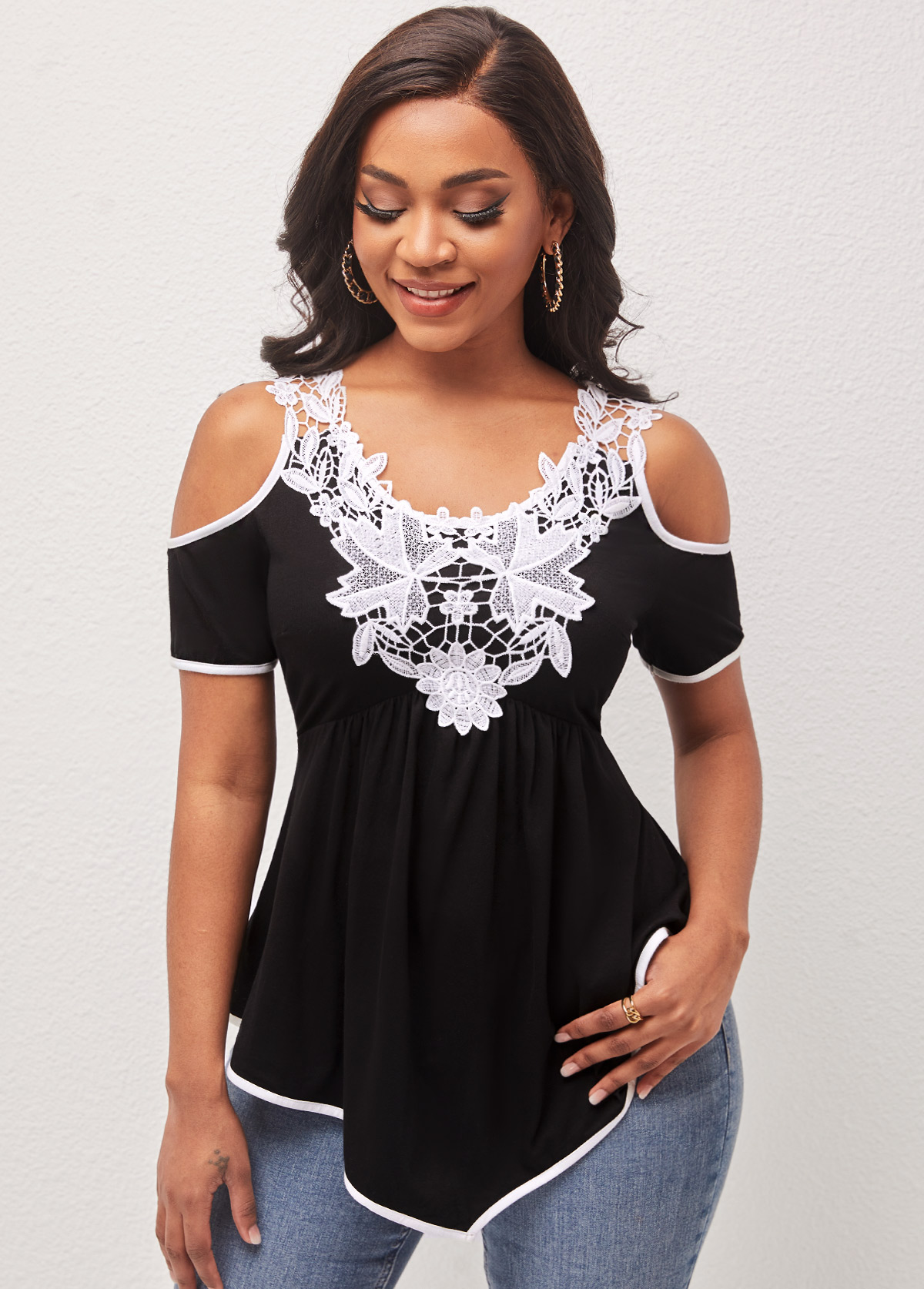 Black tops,Contrast Color tops,ROTITA Black Cold Shoulder Lace Patchwork T Shirt