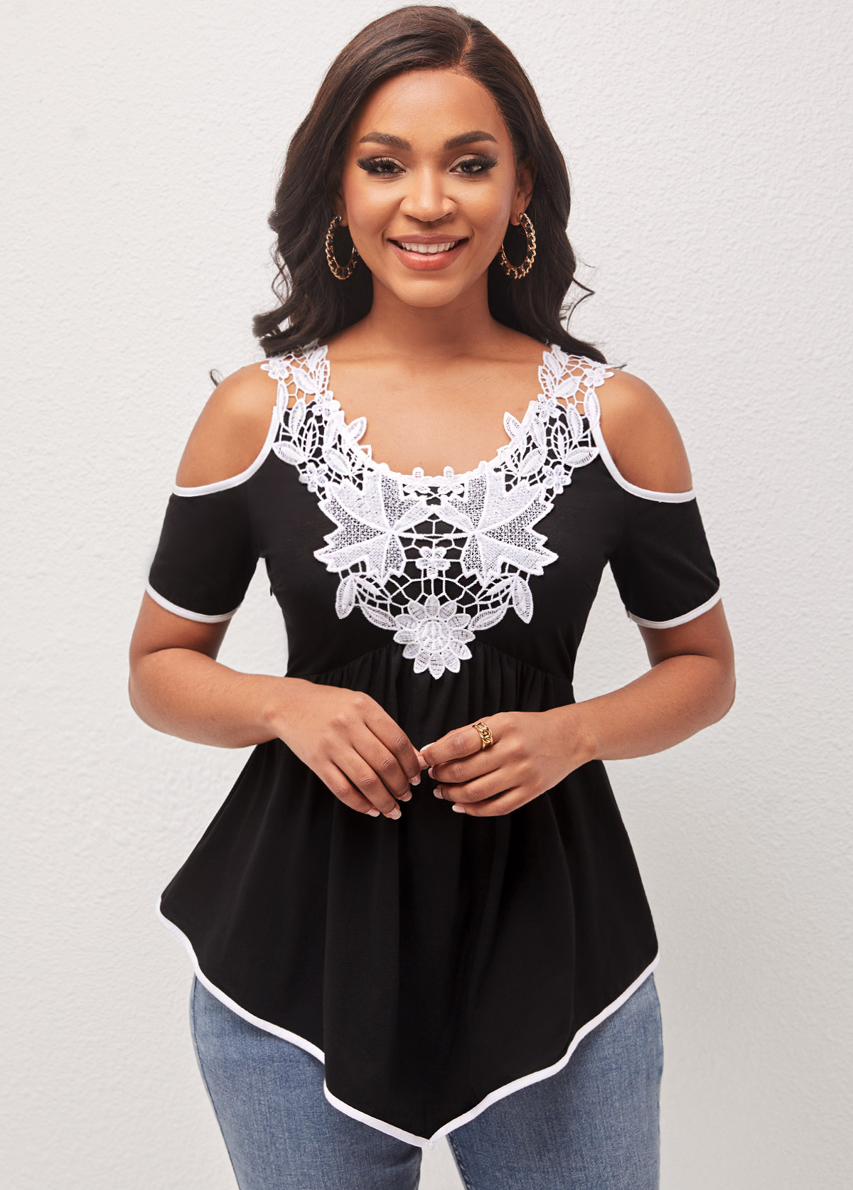 Black tops,Contrast Color tops,ROTITA Black Cold Shoulder Lace Patchwork T Shirt