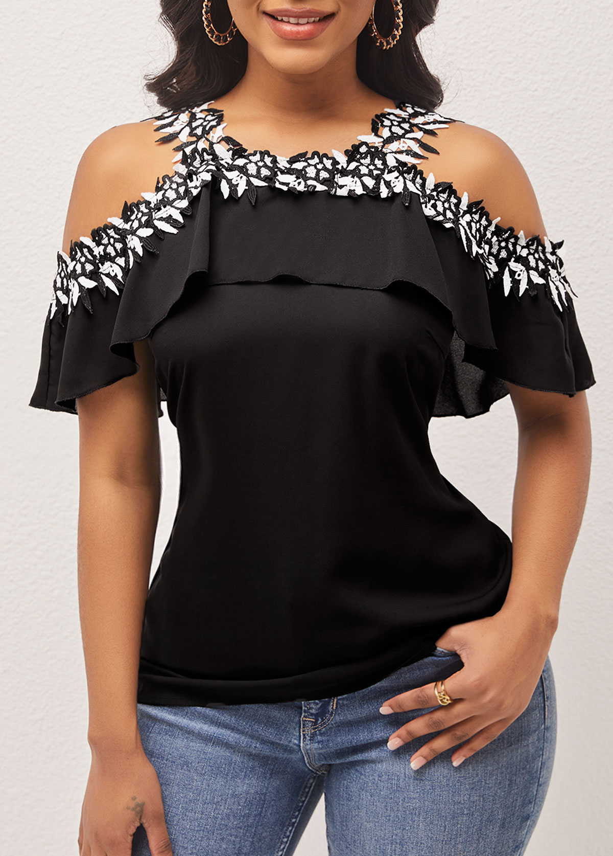 ROTITA Black Flounce Lace Stitching Cold Shoulder Blouse