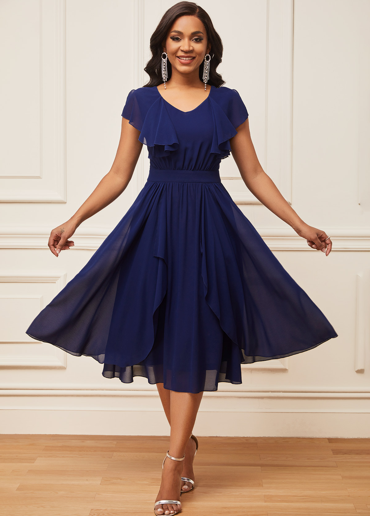 ROTITA Chiffon V Neck Navy Blue Short Sleeve Dress