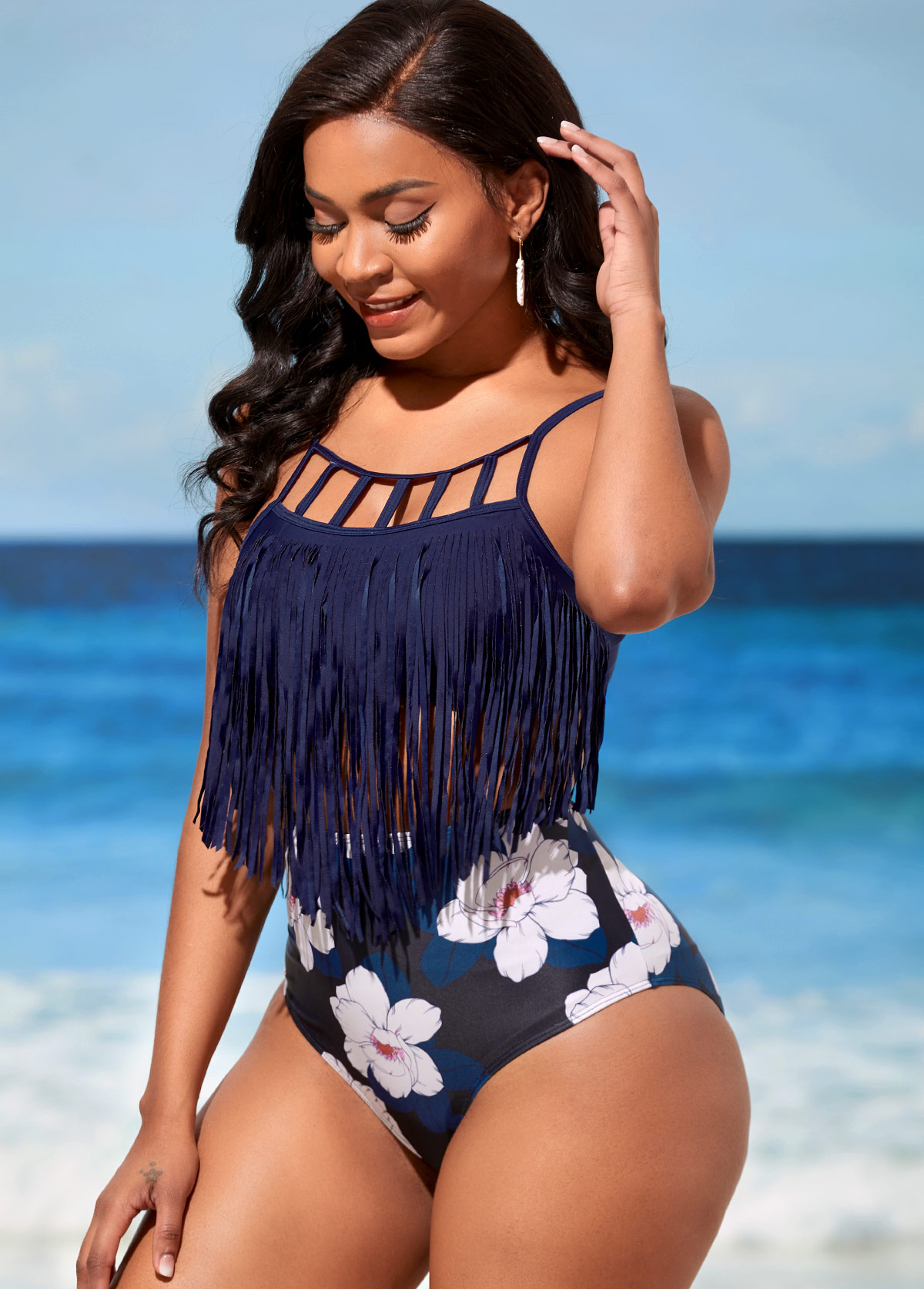 Floral swimwear,ROTITA Tassel Navy Blue High Waisted Bikini Set