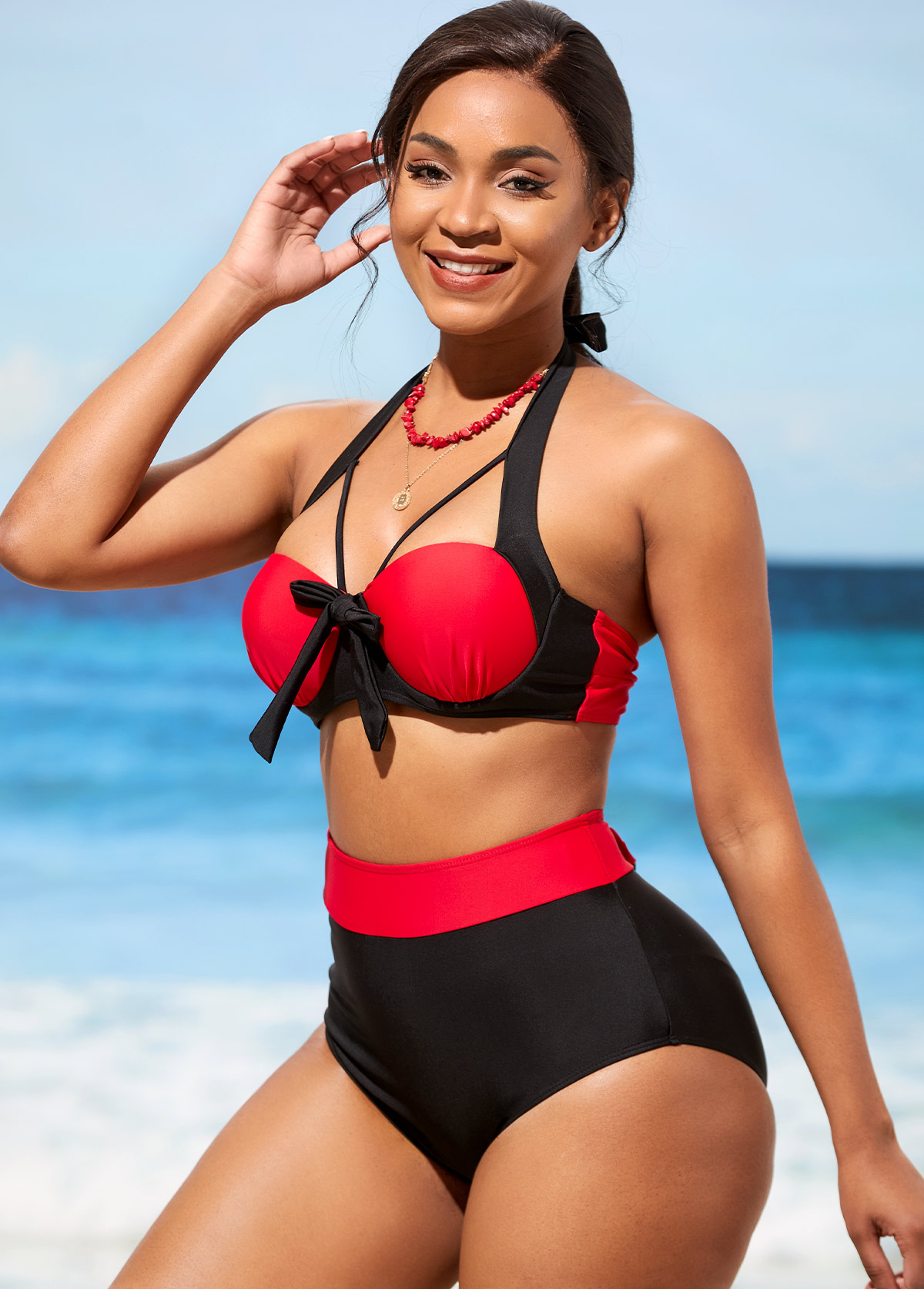 Contrast Color swimwear,ROTITA High Waisted Color Block Bowknot Bikini Set