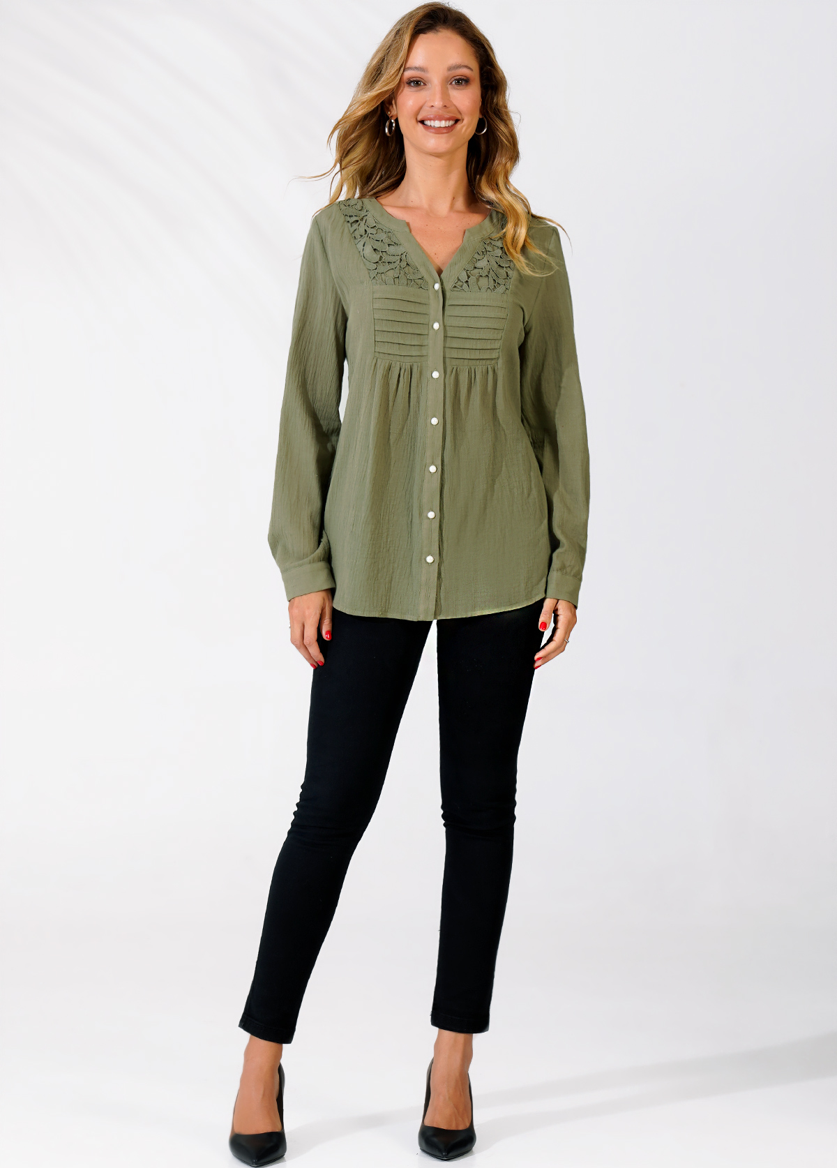 Sage Green tops,Plain Color tops,ROTITA Sage Green Lace Panel Split Neck Blouse