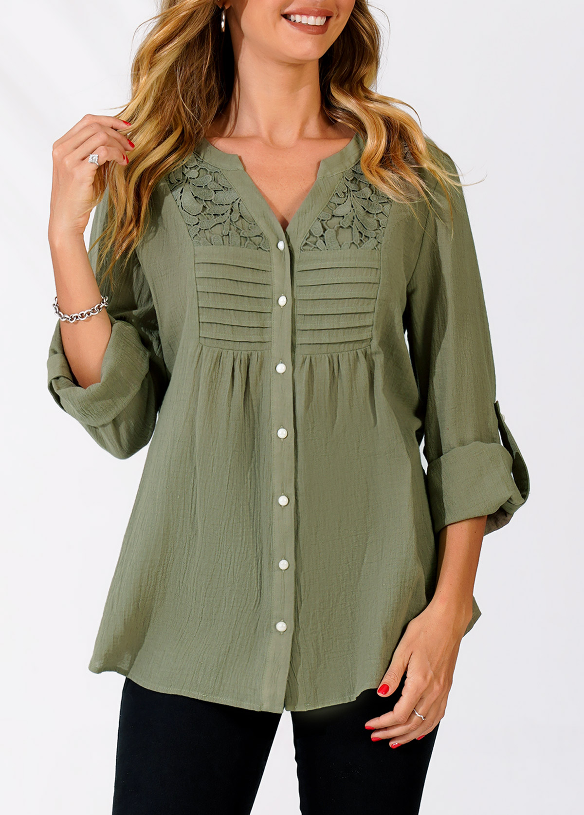 Sage Green tops,Plain Color tops,ROTITA Sage Green Lace Panel Split Neck Blouse