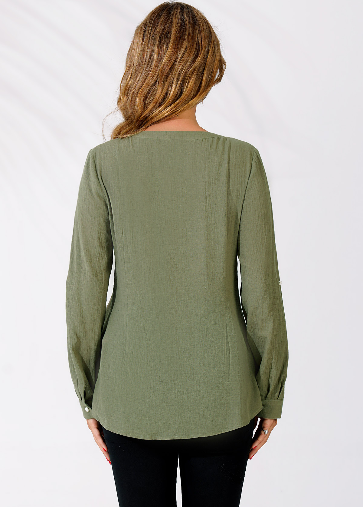 Sage Green tops,Plain Color tops,ROTITA Sage Green Lace Panel Split Neck Blouse