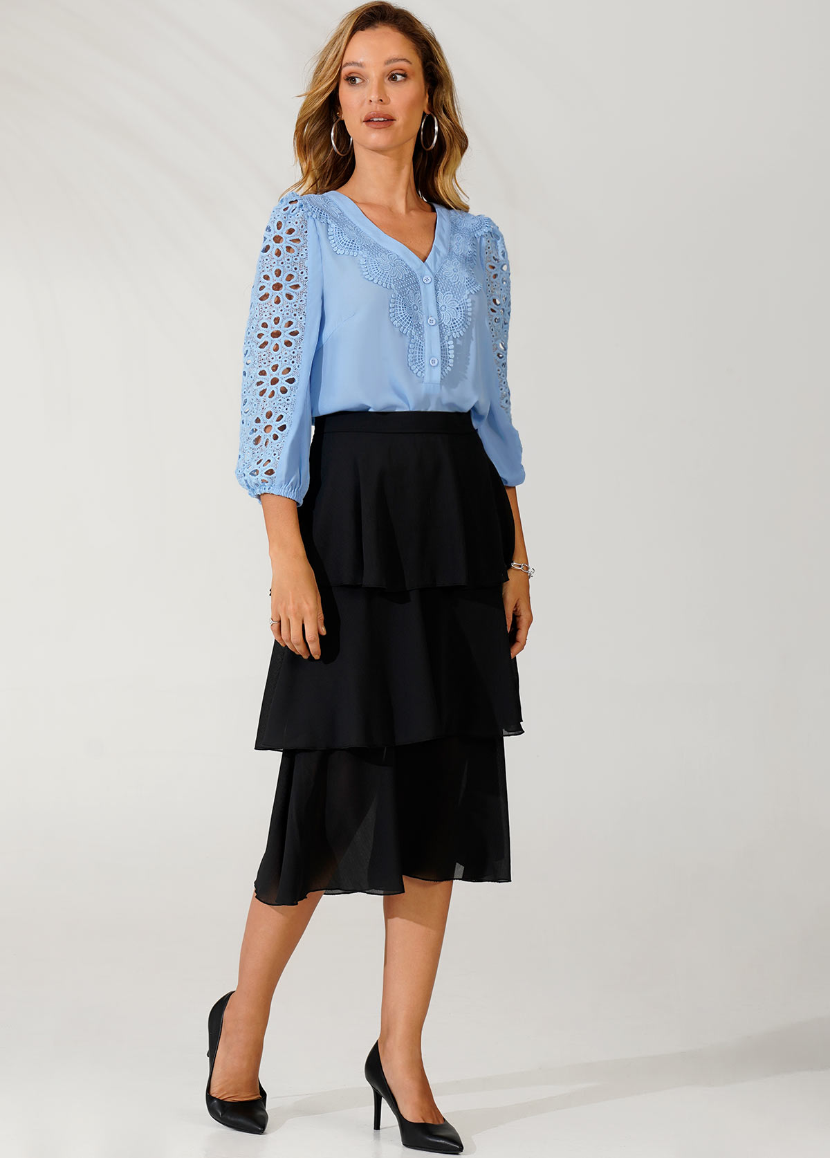 Light Blue tops,Plain Color tops,ROTITA V Neck Lace Stitching Sky Blue Blouse