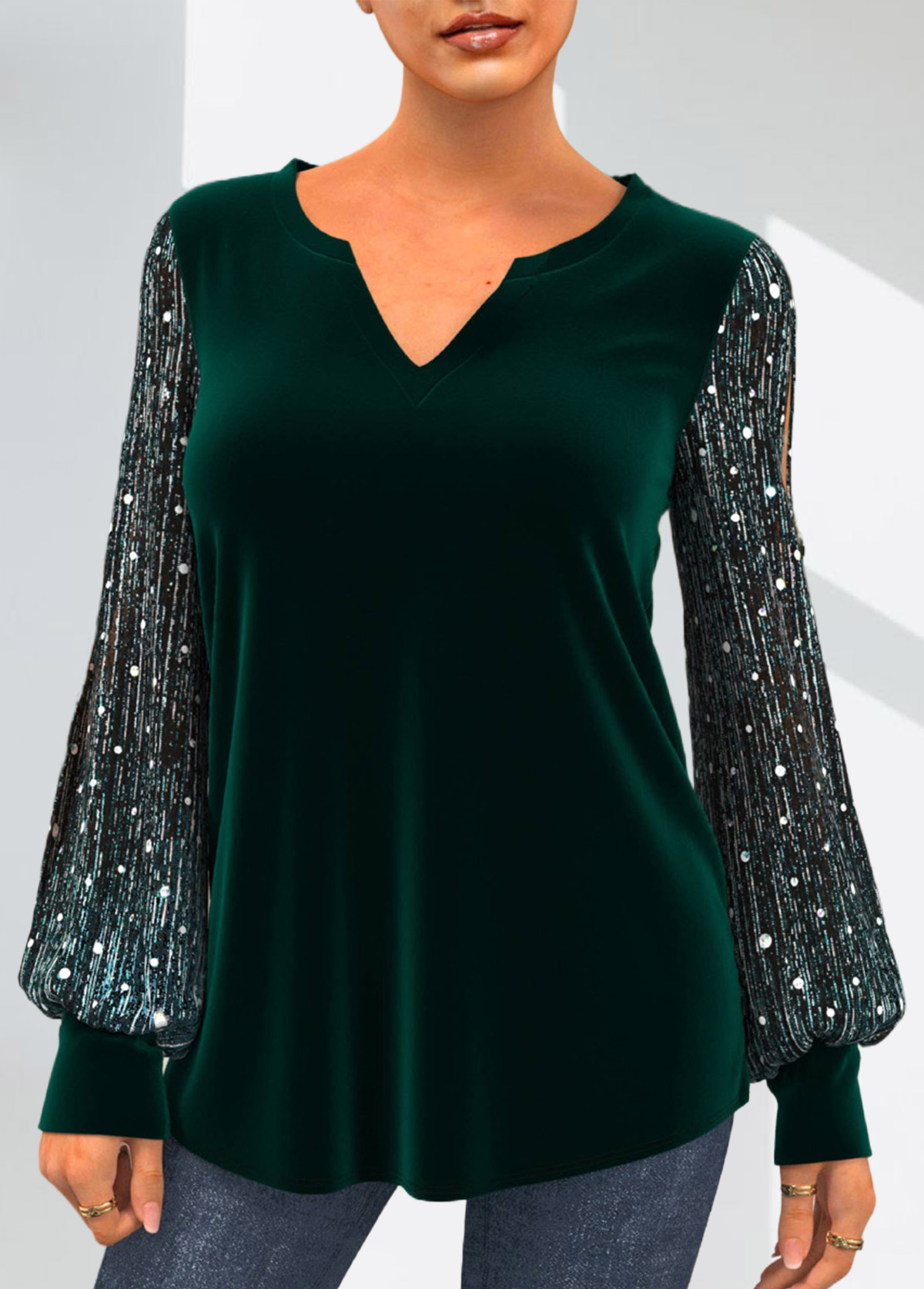 Green tops,Contrast Color tops,ROTITA Velvet Stitching Sequin Dark Green Split Neck T Shirt