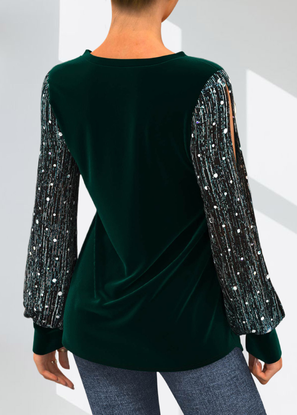 Green tops,Contrast Color tops,ROTITA Velvet Stitching Sequin Dark Green Split Neck T Shirt