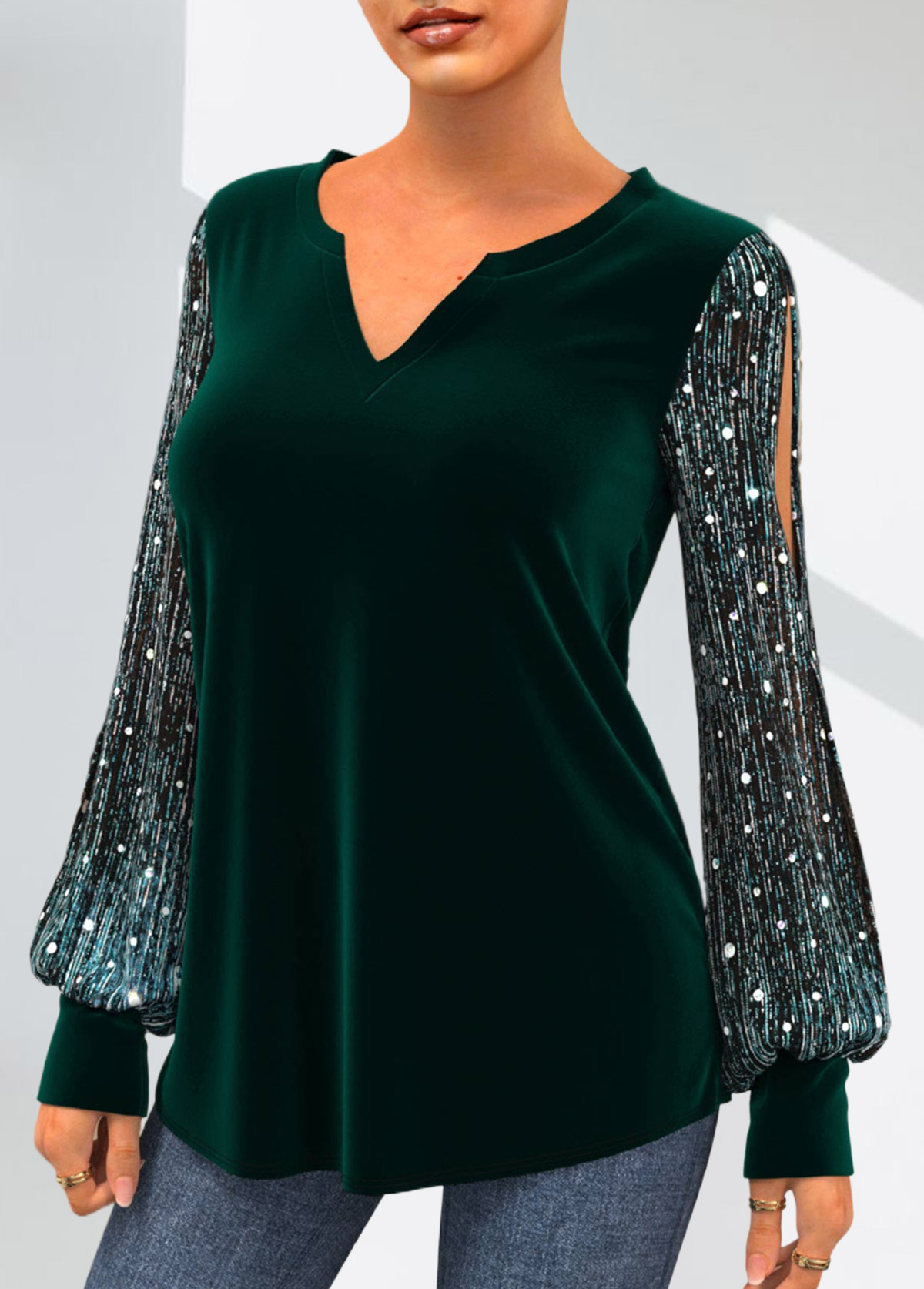 Green tops,Contrast Color tops,ROTITA Velvet Stitching Sequin Dark Green Split Neck T Shirt