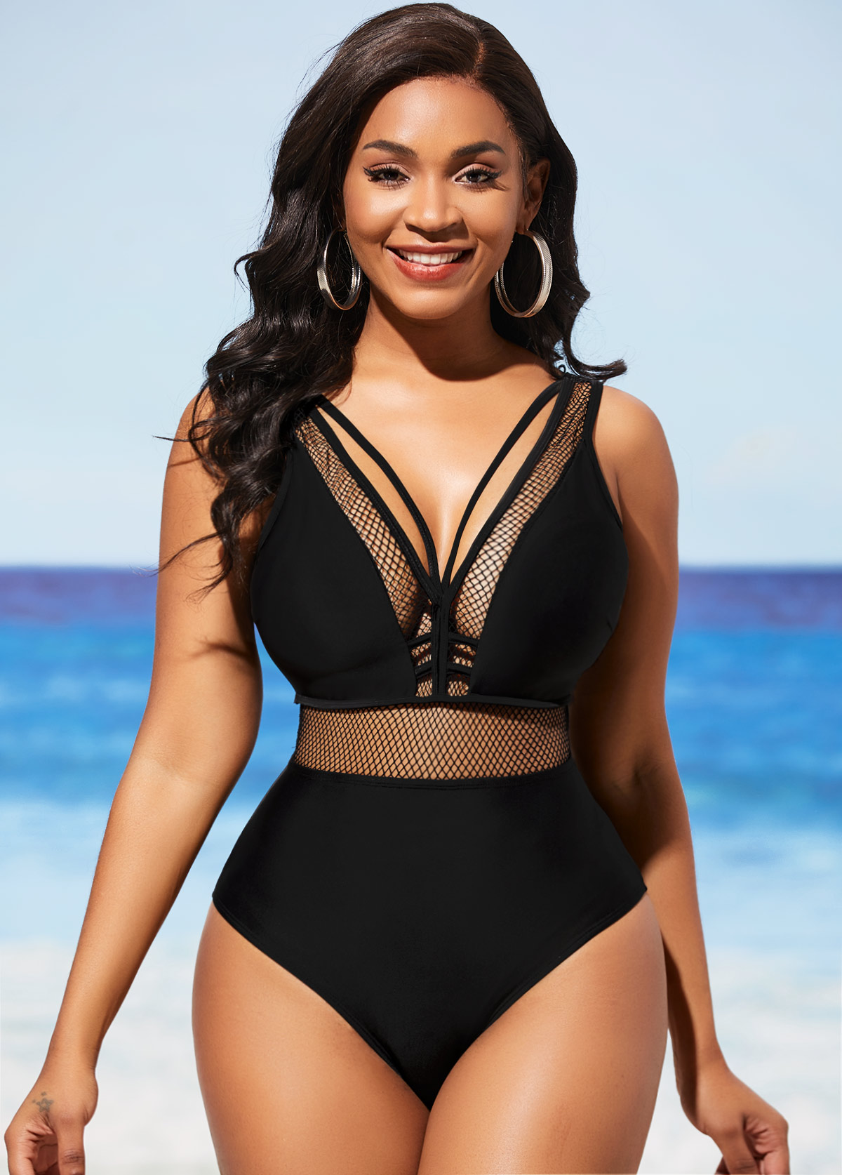 ROTITA Maillot de Bain Une Pièce Noir Panneau en Résille Transparente