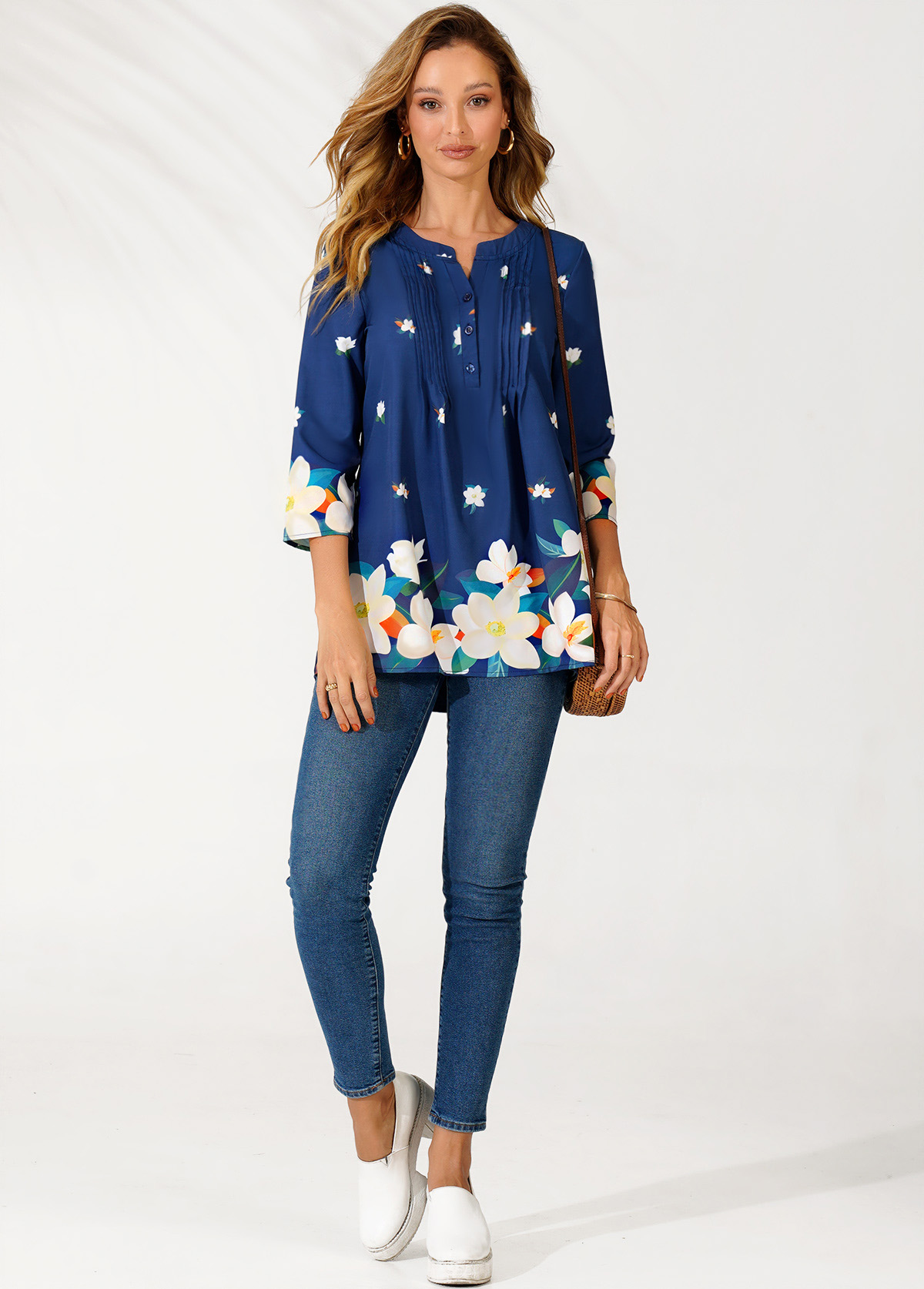 Navy tops,Floral tops,ROTITA Navy Blue Floral Print Split Neck Blouse