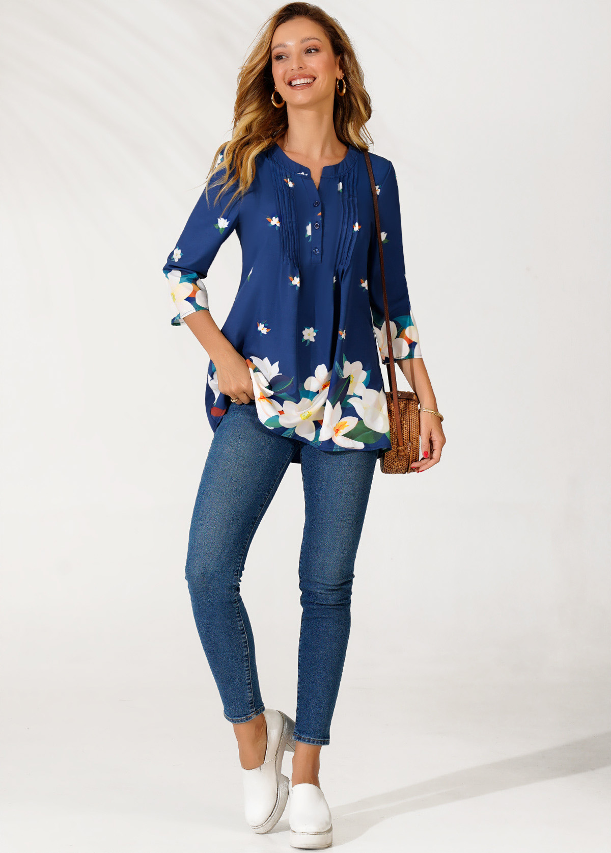 Navy tops,Floral tops,ROTITA Navy Blue Floral Print Split Neck Blouse