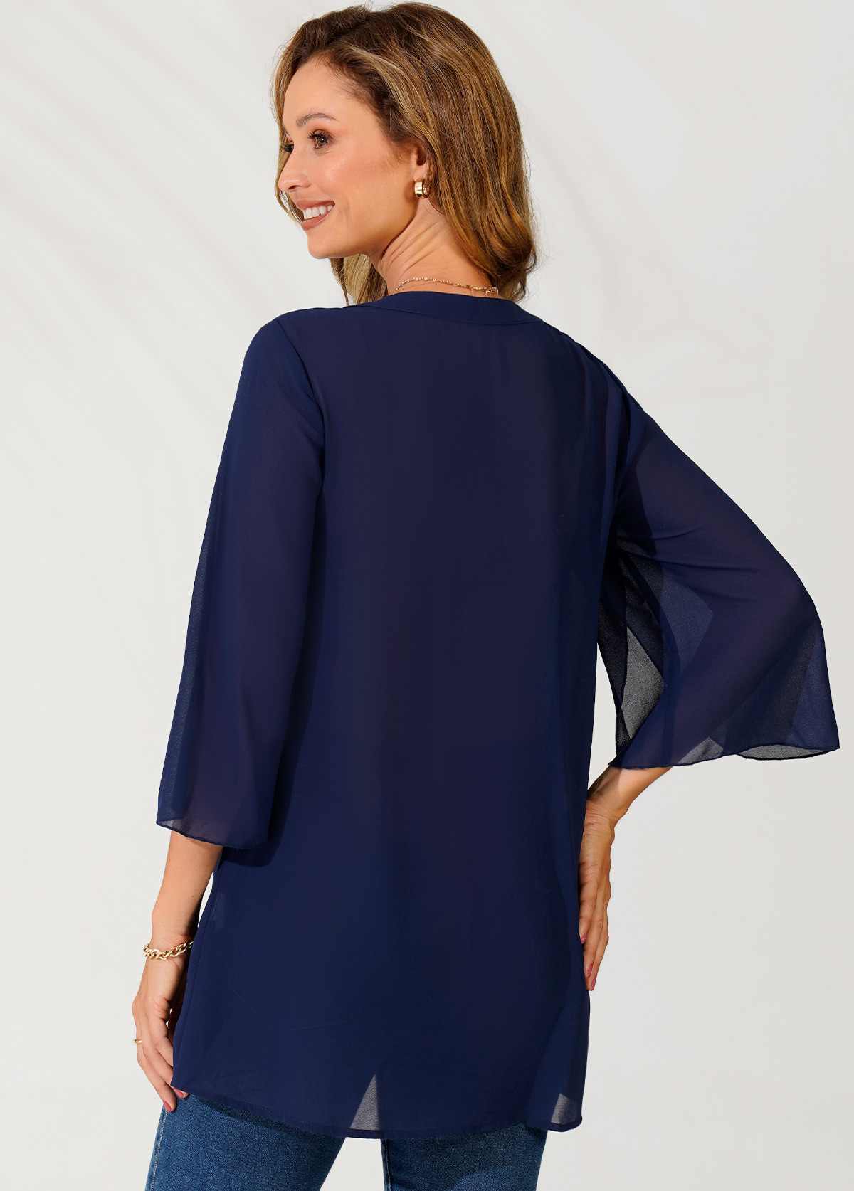 Navy tops,Plain Color tops,ROTITA Bowknot Crossover Hem Navy Blue Blouse