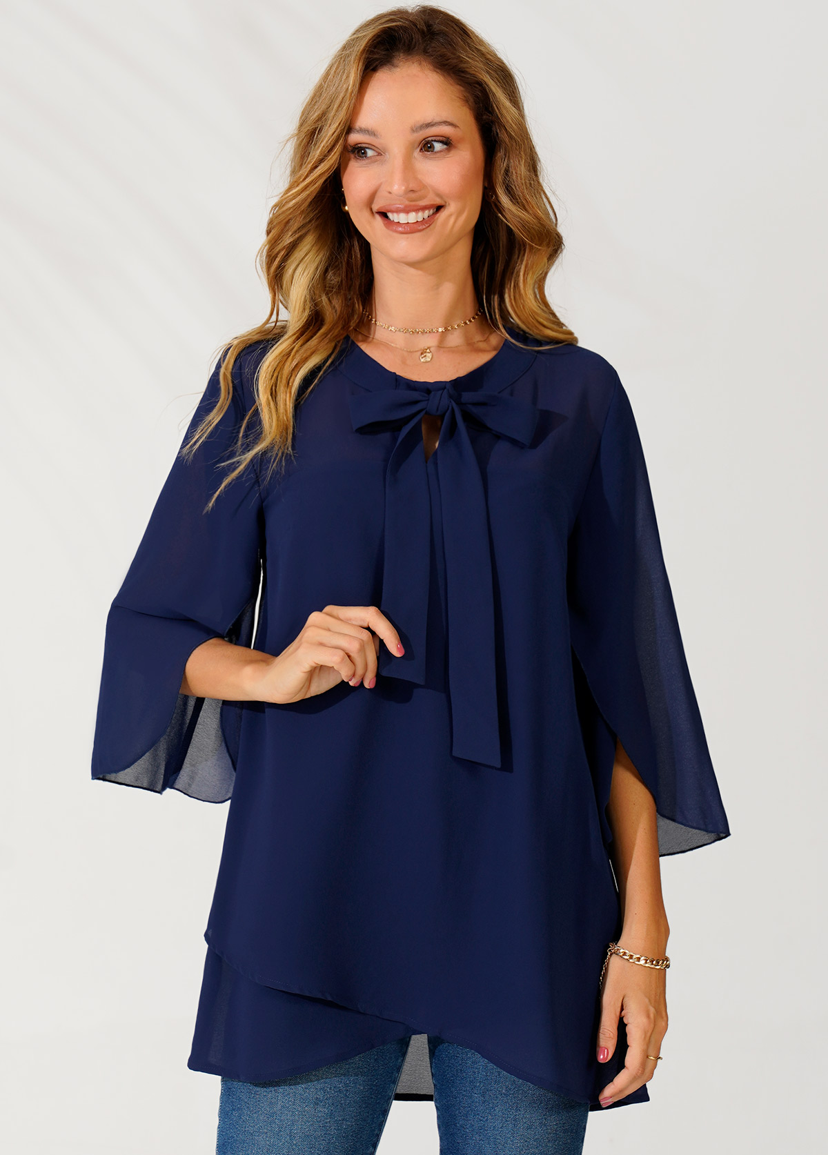 Navy tops,Plain Color tops,ROTITA Bowknot Crossover Hem Navy Blue Blouse