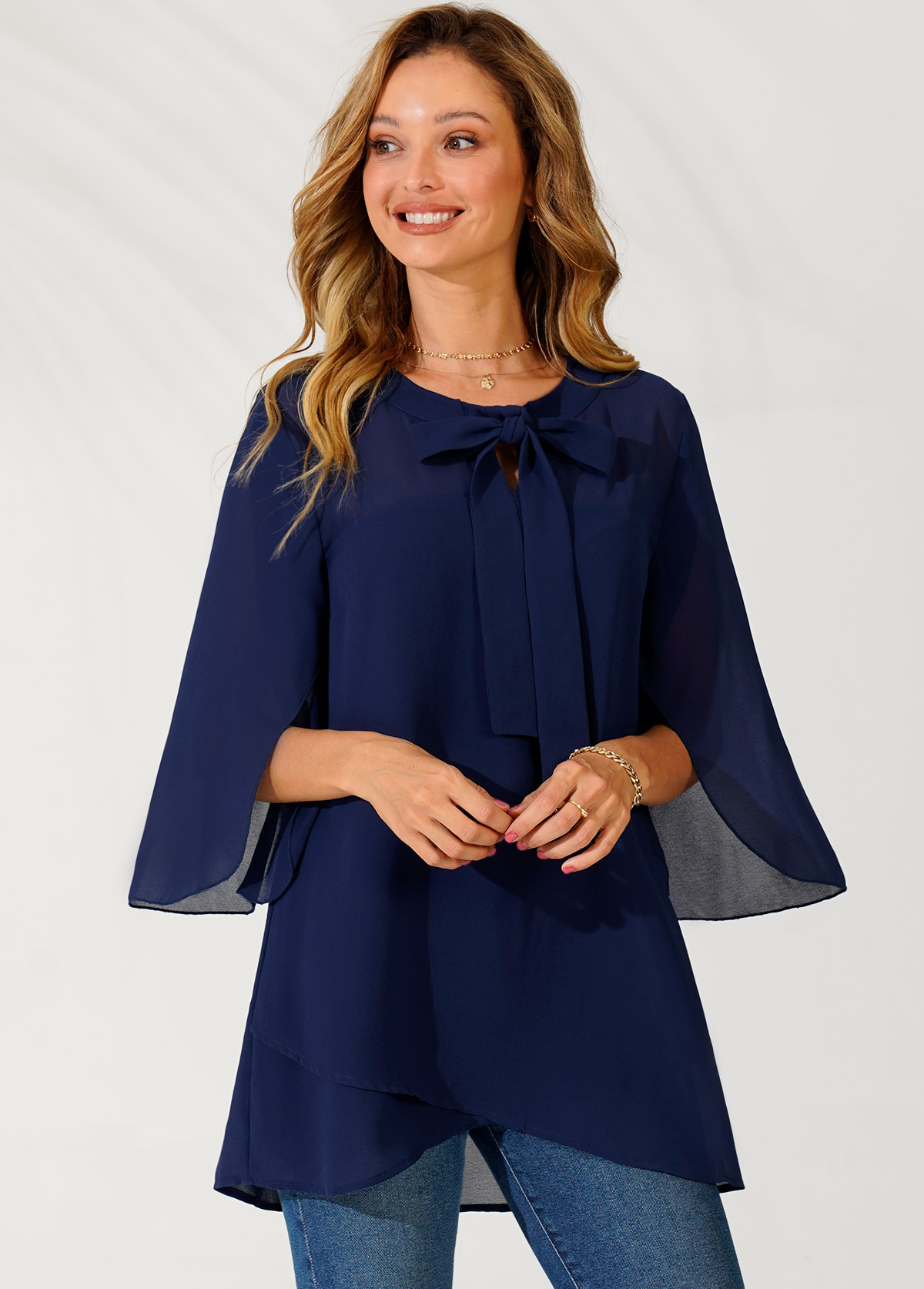 Navy tops,Plain Color tops,ROTITA Bowknot Crossover Hem Navy Blue Blouse
