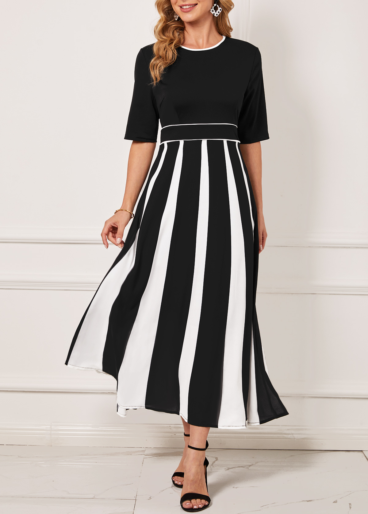 ROTITA Monochrome Stripe Black Round Neck Dress