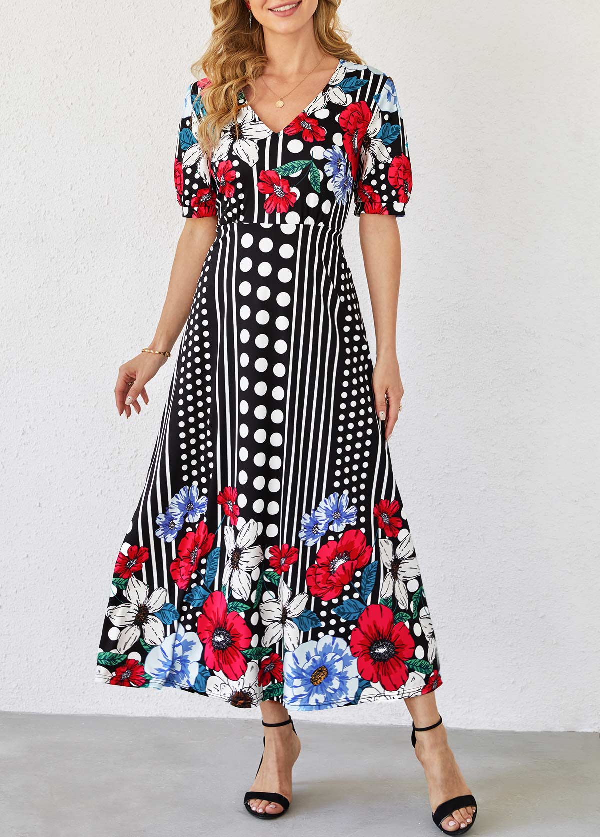 ROTITA Multi Color Polka Dot and Floral Print Dress