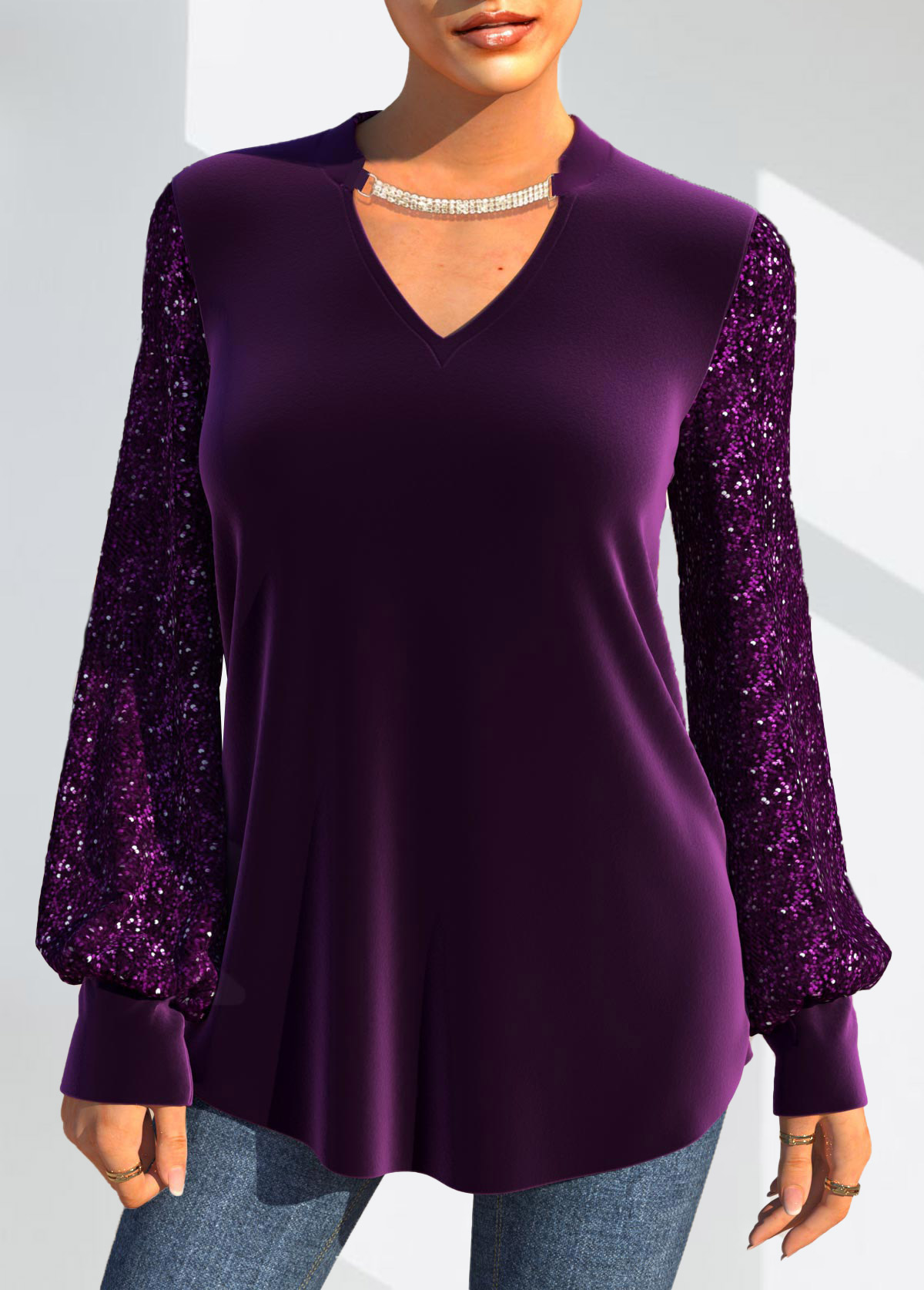 Purple tops,Plain Color tops,ROTITA Christmas Design Velvet Stitching Sequin Purple T Shirt