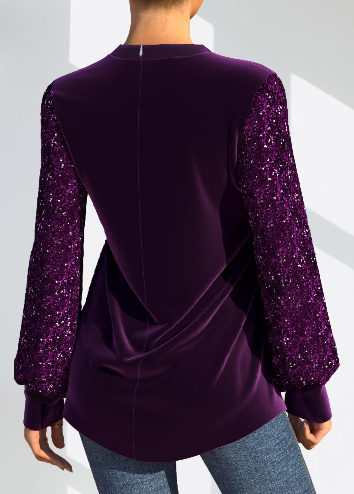 Purple tops,Plain Color tops,ROTITA Christmas Design Velvet Stitching Sequin Purple T Shirt